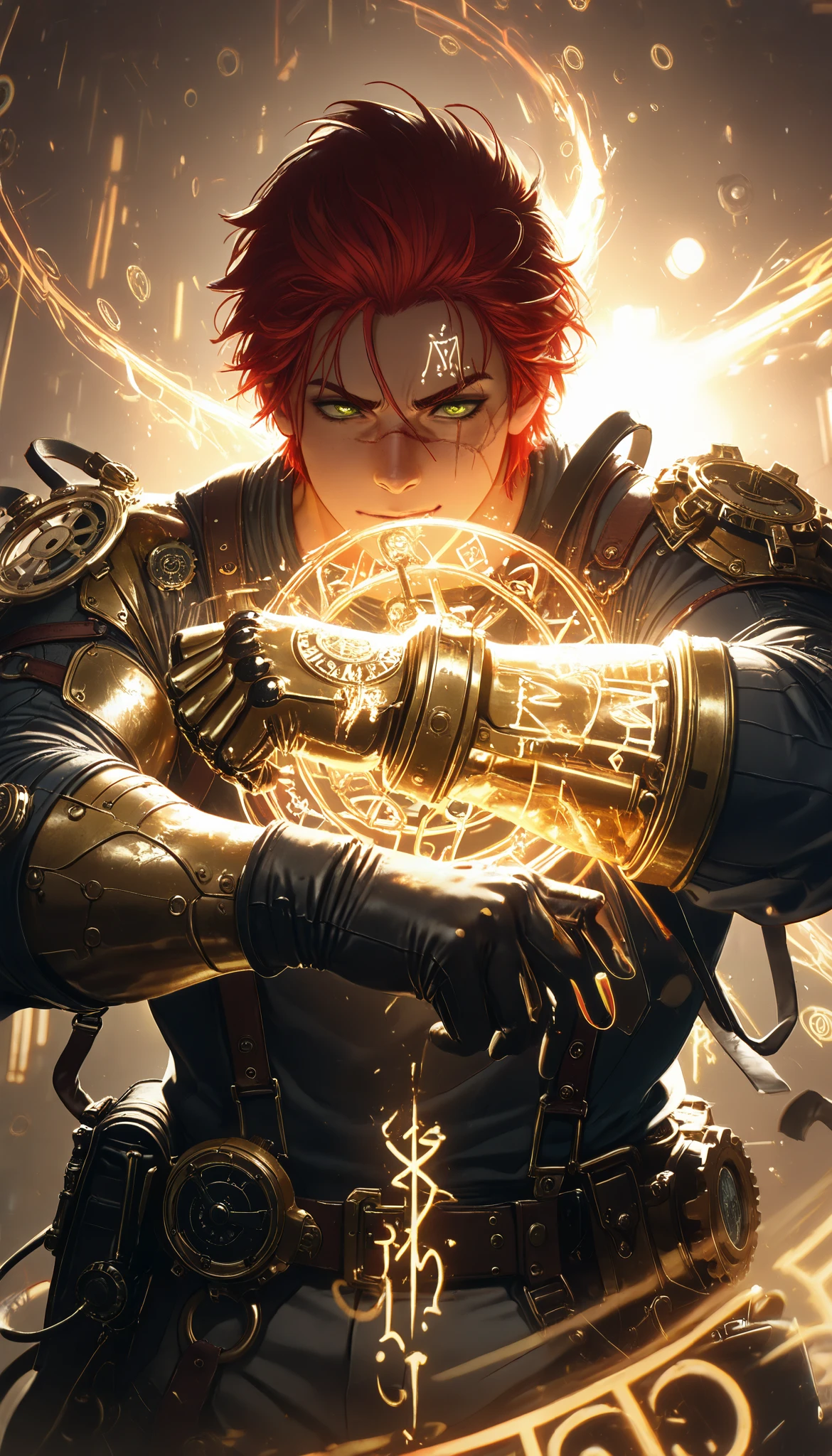  a man up close with a cybernetic steampunk glove with gears,  iron and steel pipes ,  straps that hold it to the body , long shoulder prosthesis ,  arm in the foreground super detailed ,waxed fist  , precision watch  ,  Electric coils  ,  protected steam  , muscular man,Red hair,  masterpiece,  the best quality,  incredible quality ,  perspective,  dynamic pose,  dynamic Dutch angle ,Alone , old , brutal, cunning,  looking at the spectator,  looking straight ahead, a golden metal eye  , impermeable ,  in front of the spectator,  motion blur  , facial scar, (runes:1.2), (  Brilliant Magic Runes  :1.2),green eyes on background,Intense lighting and energy,Perspective and aggressive angles,  Chromatic Aberration , Saturated colors and high contrast, Thick, distorted strokes, Vibration and distortion effect,extremely bright and saturated colors ,  especially deep red and neon blue, character lines are thick and do not have clean outlines ,  but appear to be fragmented or electrified with a glitch or digital distortion effect.