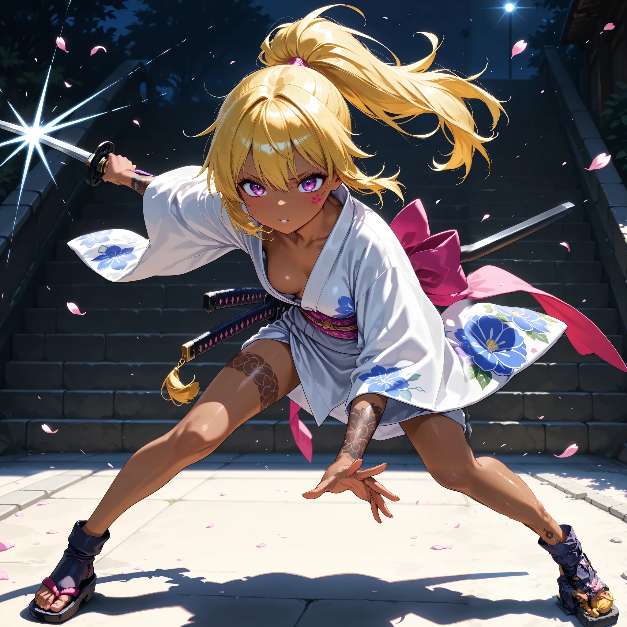 A beautiful ninja holding a Japanese sword、Battle action where you fight enemies with swordplay、 ponytail、yellow hair、 Brown skin 、 thin legs、 Japanese kimono、 perfect face 、 Masterpiece, anatomically accurate , top quality, textured skin, full body tattoos /Japanese carving/、 movie light effects, Anime Screenshot