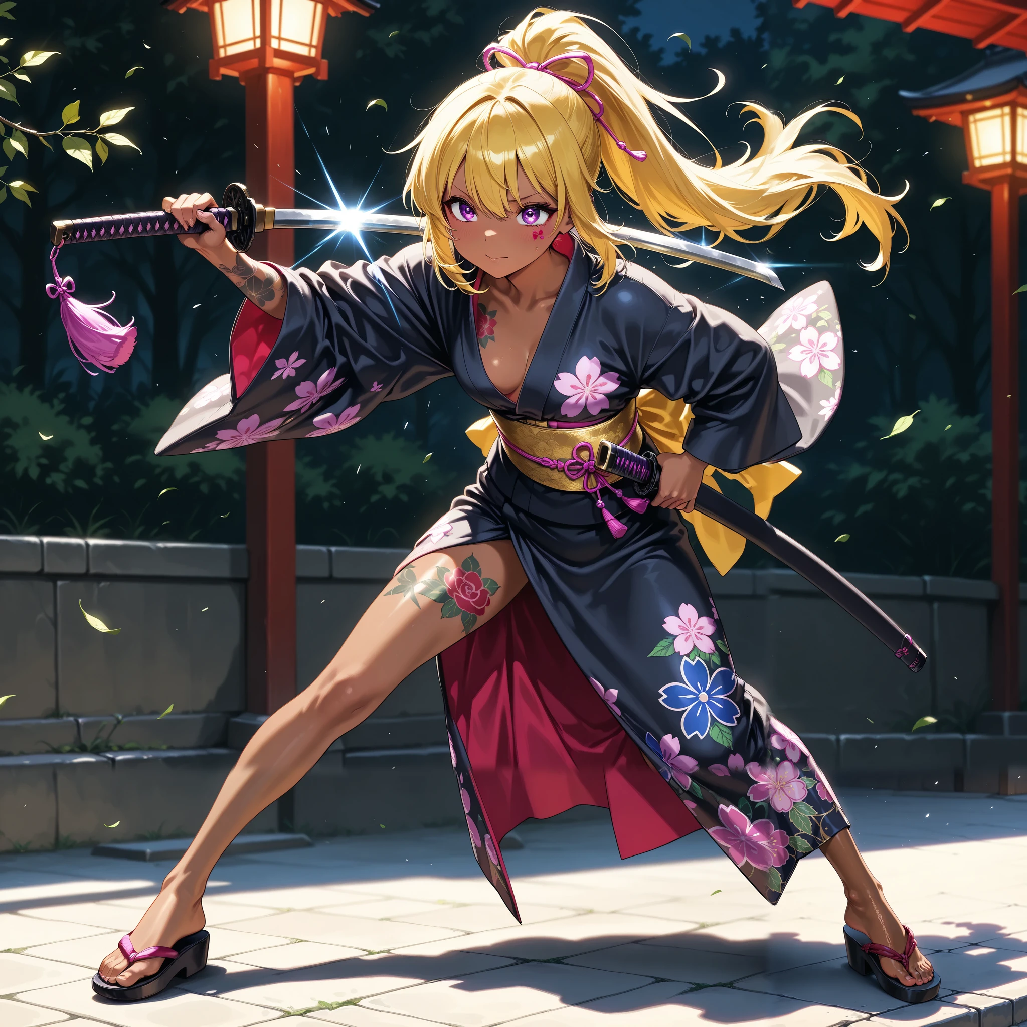 A beautiful ninja holding a Japanese sword、Battle action where you fight enemies with swordplay、 ponytail、yellow hair、 Brown skin 、 thin legs、 Japanese kimono、 perfect face 、 Masterpiece, anatomically accurate , top quality, textured skin, full body tattoos /Japanese carving/、 movie light effects, Anime Screenshot