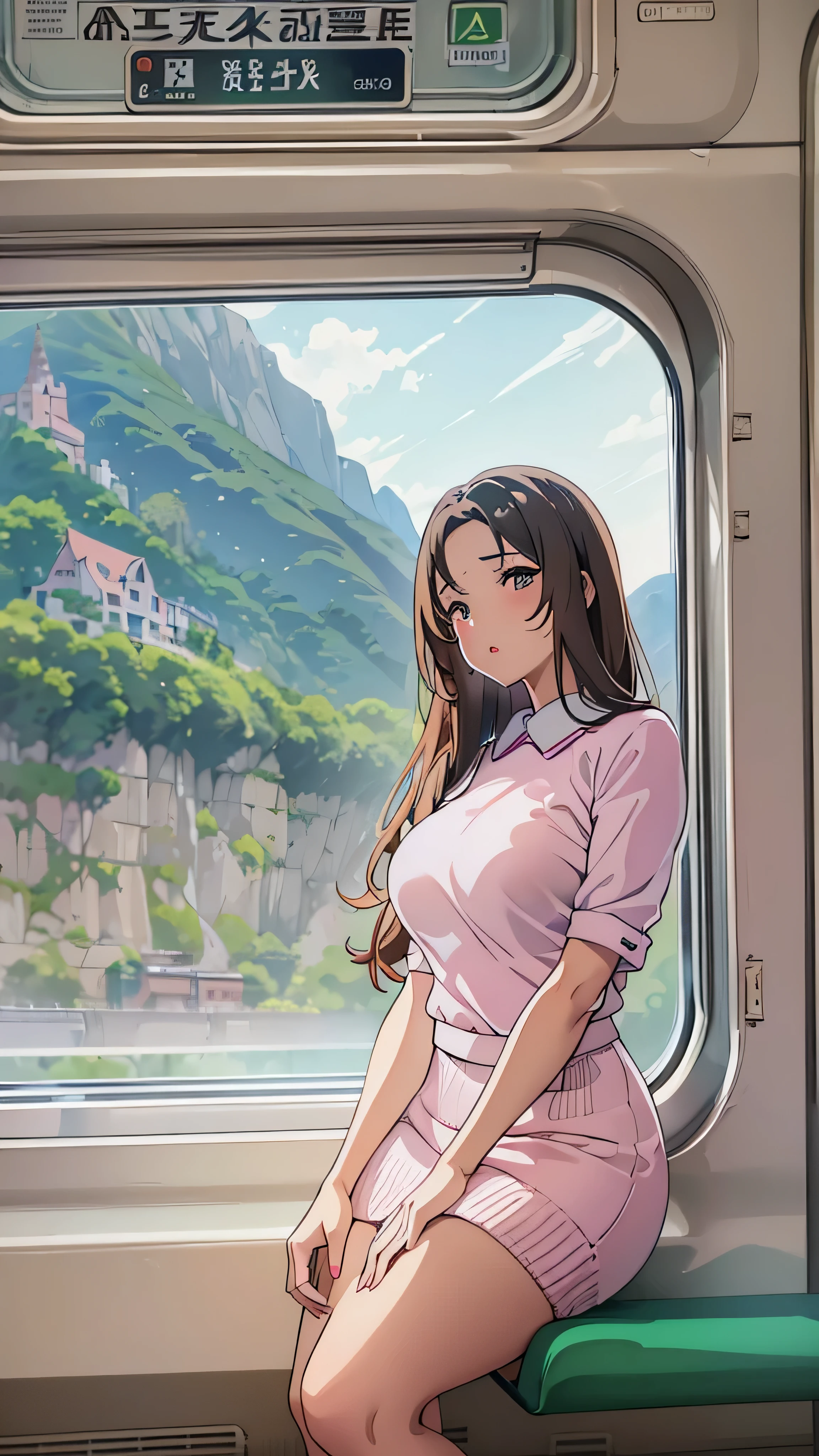 in high definition、housewife, Beauty : 158cm, ((On the train)), cute, clear , big breasts, firm chest, Thick Ass , (Thick lips), Curvy Body, beautiful style hair , Pale Pink Knit and White Mini Skirt, medium short , ((Train Window Scenery ))