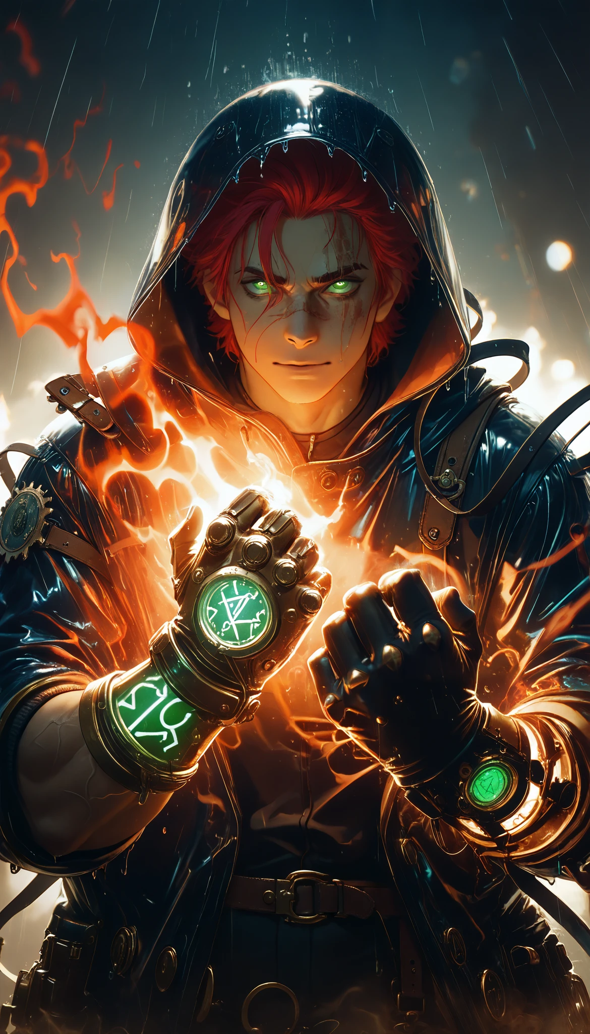 a close up man with a steampunk style cybernetic glove with gears, iron and steel pipes, straps holding it to the body, long shoulder prosthetics, super detailed close up arm, waxed fist, precision watch, electric coils, steam protected, muscular man, red hair, masterpiece, best quality, amazing quality, perspective, dynamic pose, dynamic dutch angle, alone, old, brutal, cunning, looking at viewer, facing front, one golden metal eye, raincoat, facing viewer, motion blur, facial scar, (runes:1.2), ( Glowing Magic Runes :1.2), green eyes on background, intense lighting and energy, aggressive perspective and angles, chromatic aberration, saturated colors and high contrast, thick and distorted strokes, judder and distortion effect, extremely bright and saturated colors, especially the deep red and neon blue, character lines are thick and They do not have clean contours, but rather seem to fragment or electrify with a glitch effect or digital distortion.