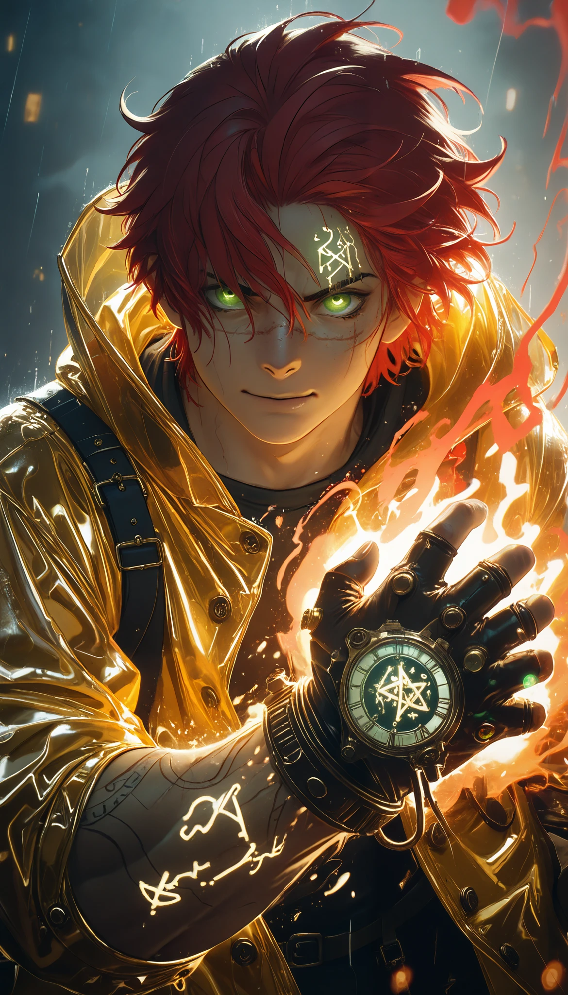 a close up man with a steampunk style cybernetic glove with gears, iron and steel pipes, straps holding it to the body, long shoulder prosthetics, super detailed close up arm, waxed fist, precision watch, electric coils, steam protected, muscular man, red hair, masterpiece, best quality, amazing quality, perspective, dynamic pose, dynamic dutch angle, alone, old, brutal, cunning, looking at viewer, facing front, one golden metal eye, raincoat, facing viewer, motion blur, facial scar, (runes:1.2), ( Glowing Magic Runes :1.2), green eyes on background, intense lighting and energy, aggressive perspective and angles, chromatic aberration, saturated colors and high contrast, thick and distorted strokes, judder and distortion effect, extremely bright and saturated colors, especially the deep red and neon blue, character lines are thick and They do not have clean contours, but rather seem to fragment or electrify with a glitch effect or digital distortion.