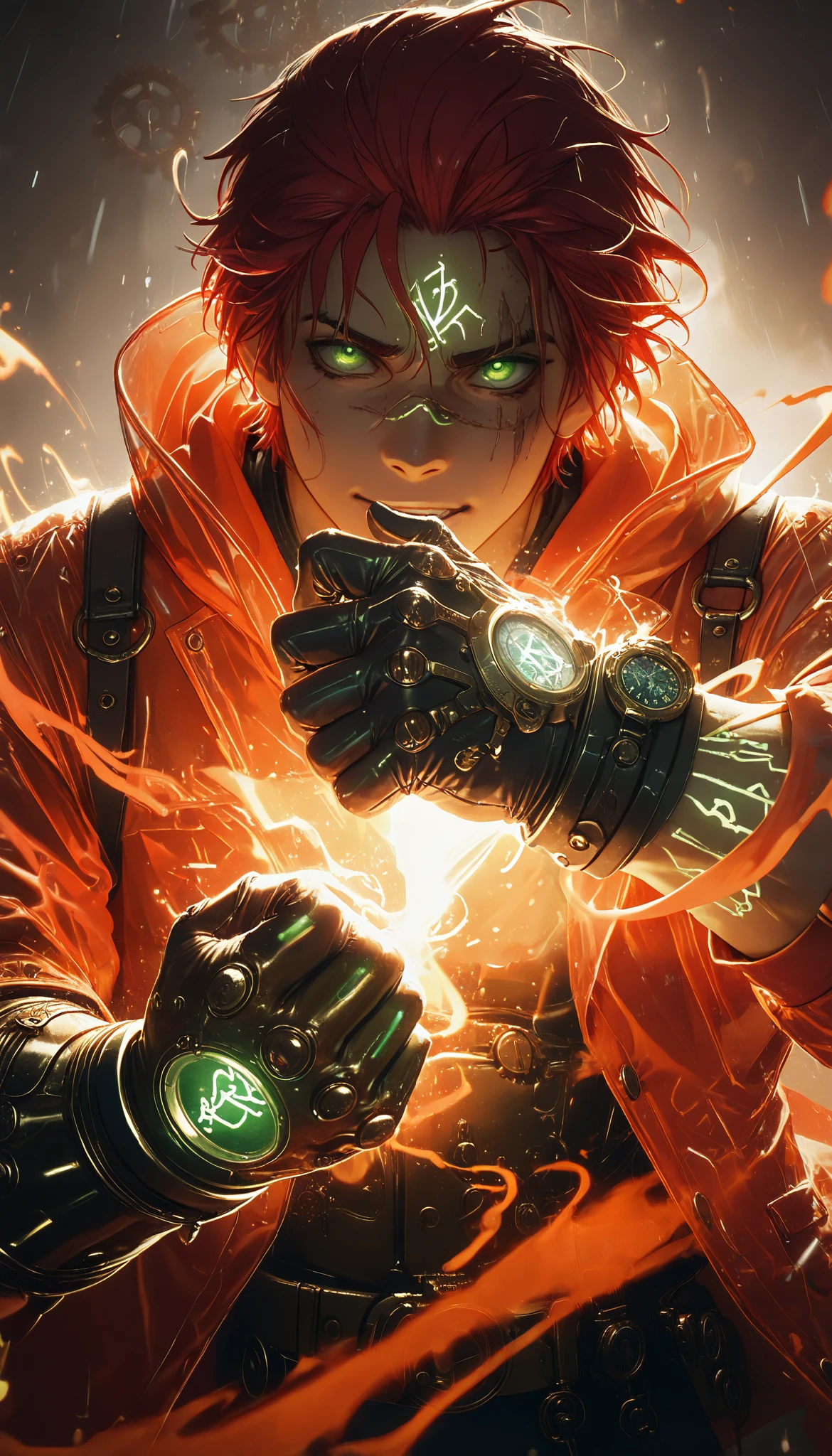 a close up man with a steampunk style cybernetic glove with gears, iron and steel pipes, straps holding it to the body, long shoulder prosthetics, super detailed close up arm, waxed fist, precision watch, electric coils, steam protected, muscular man, red hair, masterpiece, best quality, amazing quality, perspective, dynamic pose, dynamic dutch angle, alone, old, brutal, cunning, looking at viewer, facing front, one golden metal eye, raincoat, facing viewer, motion blur, facial scar, (runes:1.2), ( Glowing Magic Runes :1.2), green eyes on background, intense lighting and energy, aggressive perspective and angles, chromatic aberration, saturated colors and high contrast, thick and distorted strokes, judder and distortion effect, extremely bright and saturated colors, especially the deep red and neon blue, character lines are thick and They do not have clean contours, but rather seem to fragment or electrify with a glitch effect or digital distortion.