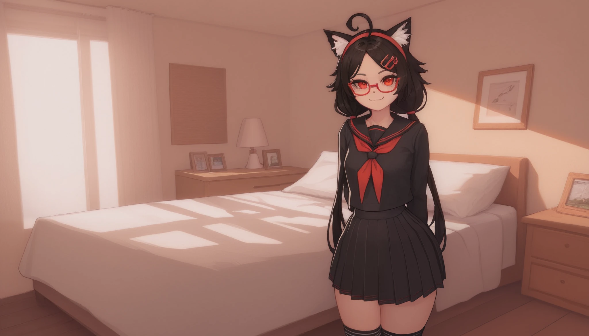 absurdres, masterpiece, best quality, very aesthetic, 1girl, solo,
ChopioMita, ((cat girl, cat ears)), (red eyes), (long hair), (( black hair, (Ahoge), straight bangs,)),, looking at viewer,
small breasts, wide hips, narrow waist,
long hair, low twintails, parted bangs, red hairband, white hair ornament, hairclip,
glasses, red-framed eyewear,
outfit_2, black serafuku, black sailor collar, red neckerchief, long sleeves, black skirt, pleated skirt, black socks, kneehighs,
bedroom, bed, standing, smile, arms behind back, leaning forward,
