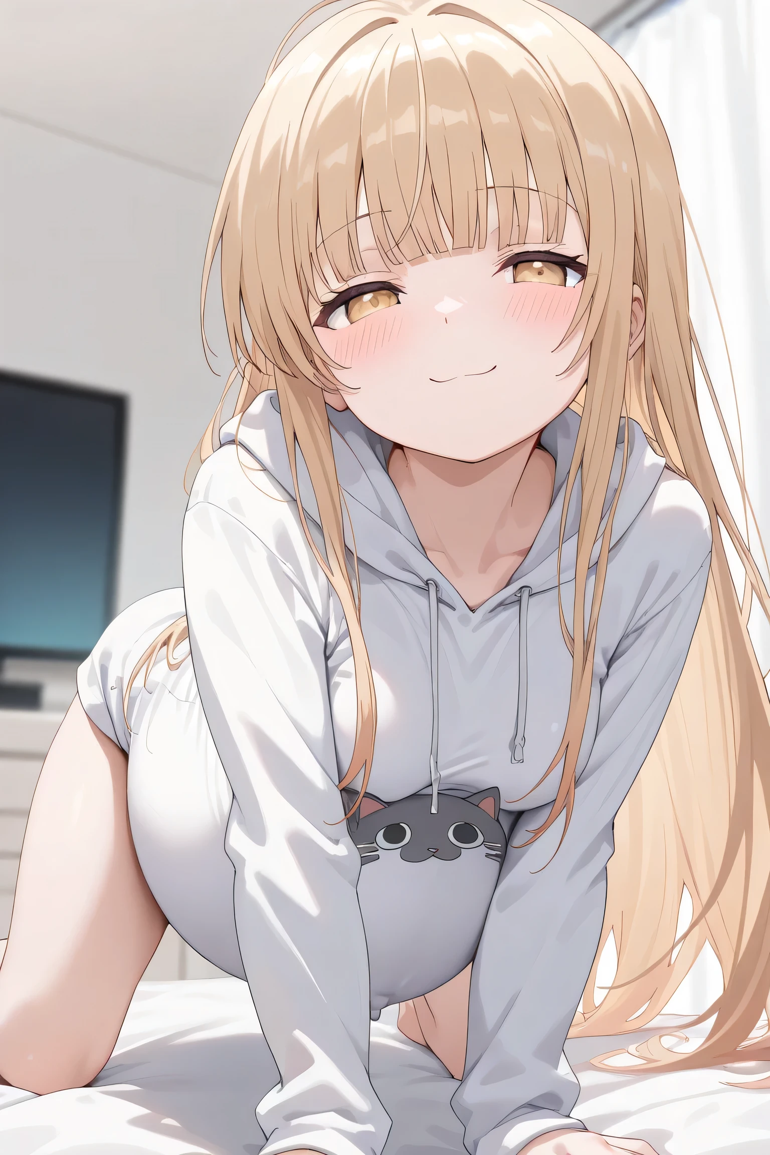 (Best quality, 4k, 8k, high resolution, masterpiece:1.2), ultra detailed, intricate details,SOLO,beautiful girl, alone, cat hoodie, middle hair, blond hair, blunt bangs,caramel-colored eyes, small-medium breasts, blush, perfect smooth skin, looking at viewer, Smile lightly, half closed eyes,head tilted, (Pregnant:1.0), Mahiru Shiina, Otonari no Tenshi, neko pose, at house on bed, All-Fours Pose, 
