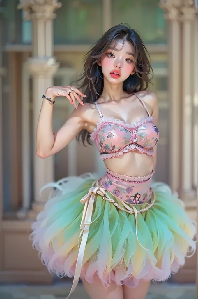 (top-quality、in 8K、Photorealsitic:1.6、超A high resolution)、surrealistic、natta、Natural light、1little girl、24 year old、Height 1.7m、delicated face、Beautiful Japan model、smaller face、Brown eyes、An ultra - realstic face、Slender style、Dynamic angles、dynamicposes、(Yuki's Face)、Gorgeous long-haired、Beautiful wavy brown hair、(((flat chest;1.5)))、(narrow waists:1.2)、Thin leg、long legged、Fashionable、(White loose cropped tops)、(((Neon colored lace cardigan、Black tight skirt、Slit to the groin)))、High Heel Ribbon Sandals、Naughty smile、Stick out your tongue、Lick your own fingers、SEX while wearing clothes、Realistic、Neon colored、Lick your dick、Sperm on the tongue、Licking a、Ecstatic look、Sperm on the face。Sperm in the mouth、Sperm in、View here、(((Neon colored panties)))、fellatio、under table、bukkake、Romantic Rosette dress2