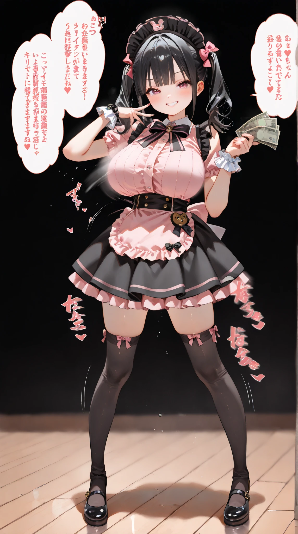 black hair, female, twin drills, solo, smol, pink eyes, massive breasts, very long hair, wear cute black outfit, masterpiece, ultra high quality