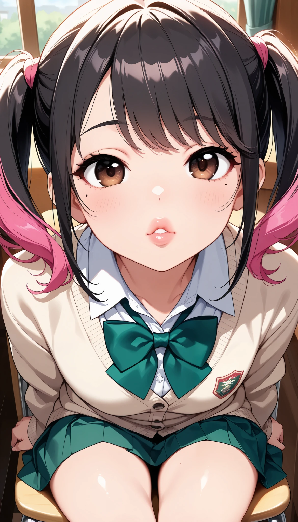 close up head and middle body photo, extremely detailed wide open mouth, a 21 year old girl licking her own hand fingers with a lot of saliva, saliva drooling, tongue out, you can see her tonsils and uvula, ahegao face, squinting eyes, her fingers touching her hand, brunette, coquette bow in hair, she is totally nude, low angle, from below, vibrant pink color background