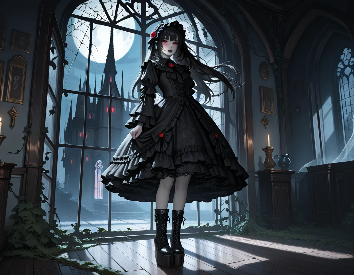 A royal sister,Lolita prostitute,fang,guffaw,Black color hair,red pupils,The skin is pale,Gothic black dress,Black umbrella,Around bats,The background is an old castle,nigth,Fantasy style,high qulity,detail-rich