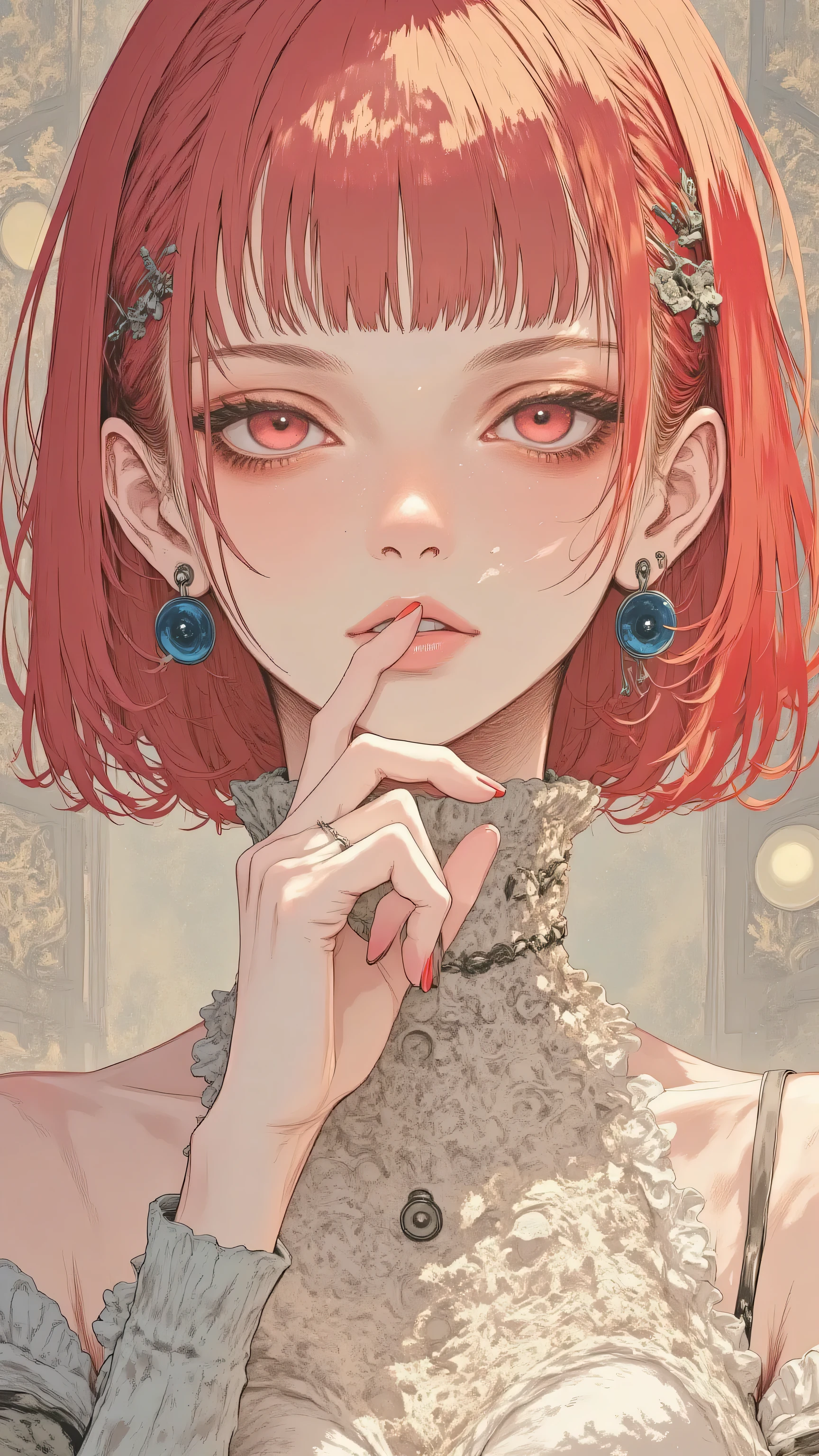 8k, masterpiece, highest quality, Korea's Beautiful Women, Close-up, frontal, eye-level, auburn, curly, voluminous, fair, rosy, pinkish-red, ornate, off-white, cream, high, ruffled, cape-like, red, rosettes, buttons, delicate, textured, blurred, aged, mottled, historical, fantasy, rococo.