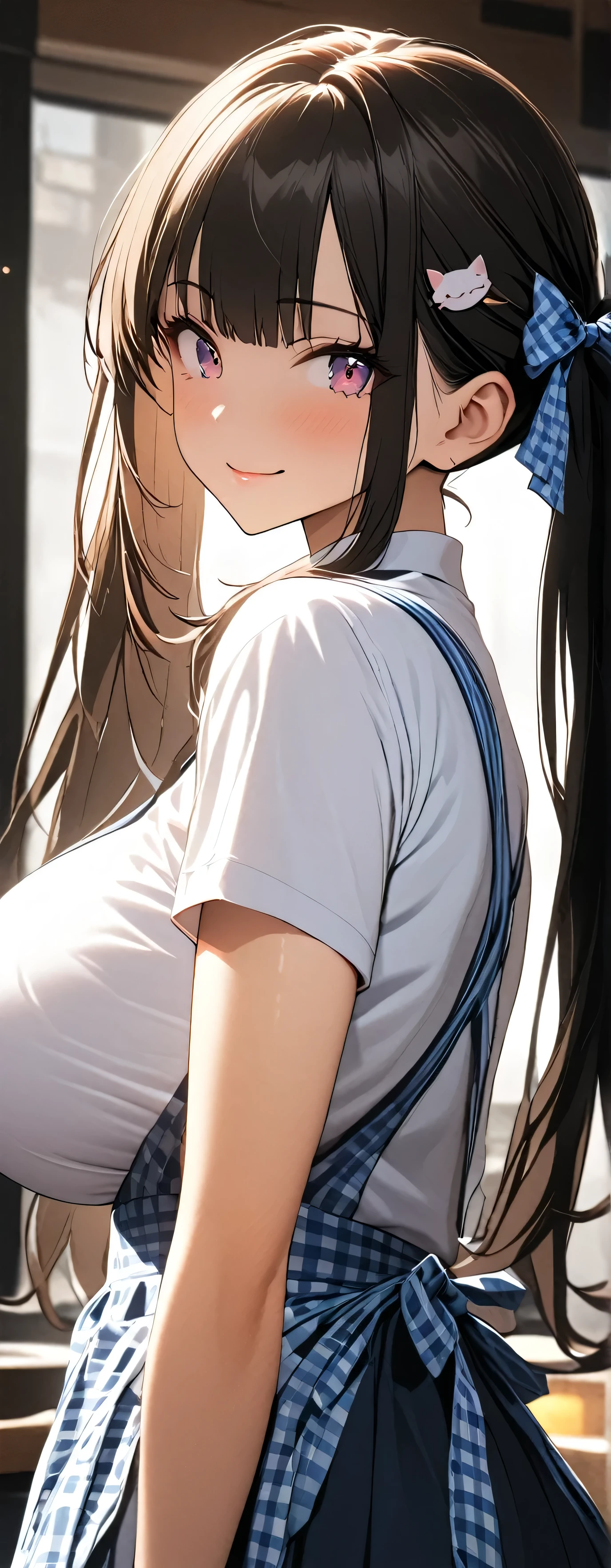 (Beauty: 1.3),One person,masterpiece, Highest quality, Ultra-high resolution,Rich contrast,super high quality,8k,Highly detailed CG unit wallpaper,texture,Unbelievably absurd,Ultra-high resolution,RAW Photos,Depth of Field 1.2,crew, blue bow, blue bowtie, white shirt, short sleeves, blue skirt, blue apron, gingham apron, employee uniform, high-waist skirt, waitress,(Brown Hair,low twintails),(Perfect hands, Perfect Anatomy),Glowing Skin,Cute cat hairpin,restaurant,Beautiful glossy lips,(Large Breasts:1.8),kobeya uniform,,Close your eyes,Bow your head,Look Down,smile,closed mouth,ウインク,首を傾げる