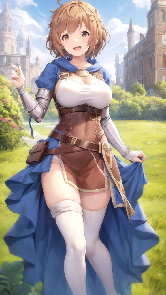 (masterpiece:1.1, Best Quality:1.1, 16K HDR:1.1, High resolution:1.1), (sheathed weapon on back:1.2), roto (DQ3), 1girl in, Solo, Short hair, Brown hair, Blue eyes, ((circlet)), medium breasts, (blue dress:1.5), Purple Cape, ((thick thighs)), elbow groves, long boots, Belt bag, scabbard,, knee boots, In an deep forest near lake, (half closed eyes, troubled face, tears, closed mouth,) view from below, upper knee, looking back, huge butt