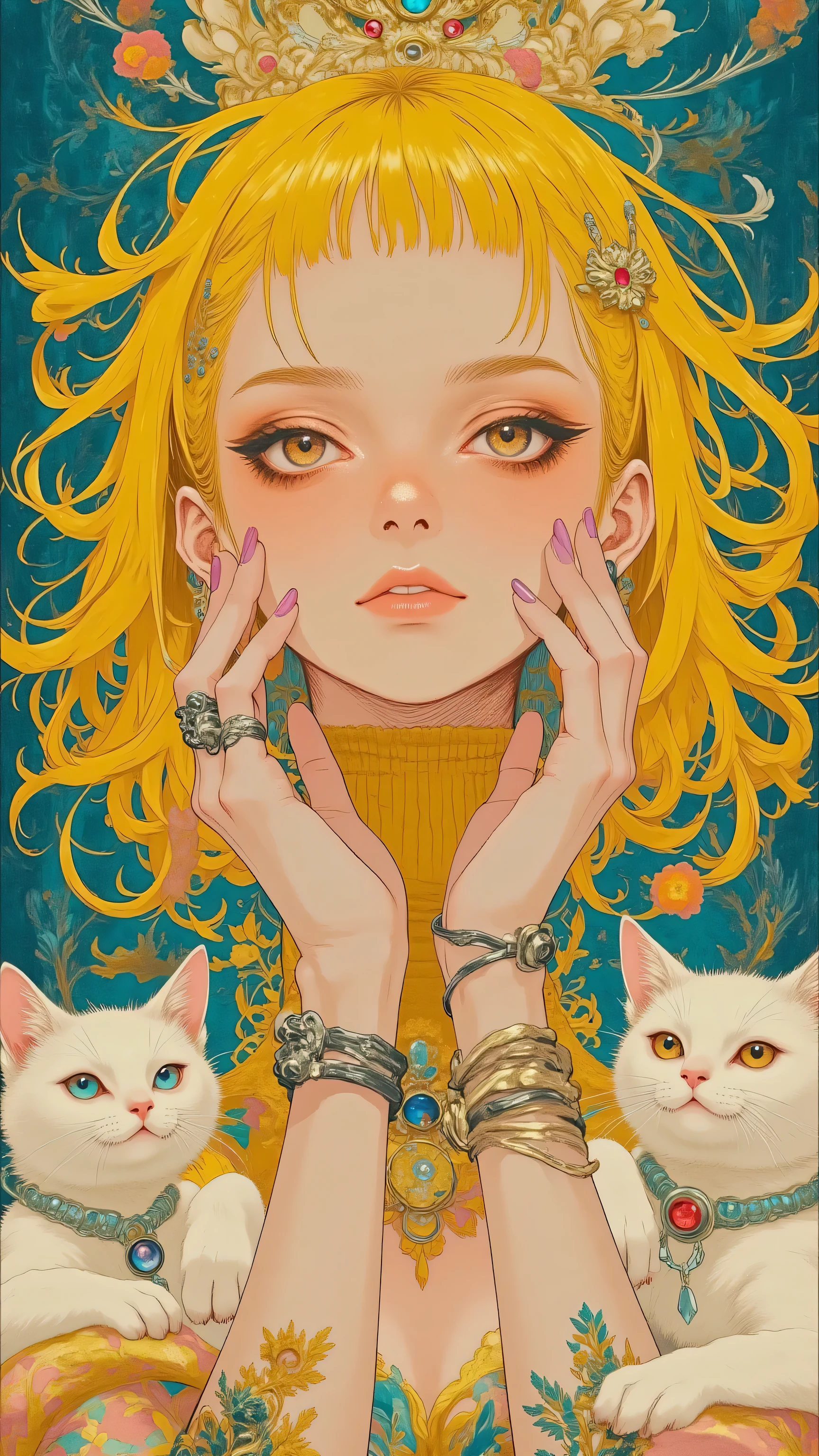8k, masterpiece, highest quality, Korea's Beautiful Women, Close-up, frontal, vibrant, yellow, hair, curly, high-neck, yellow, gown, jeweled, pendant, silver, bracelet, red, lipstick, defined, eyes, white, cats, peaceful, teal, gold, ornate, tapestry, curtain, regal, opulent, saturated, dramatic, classical, portraiture, modern, bold, colors, texture, fabric, quiet, elegance, regality.