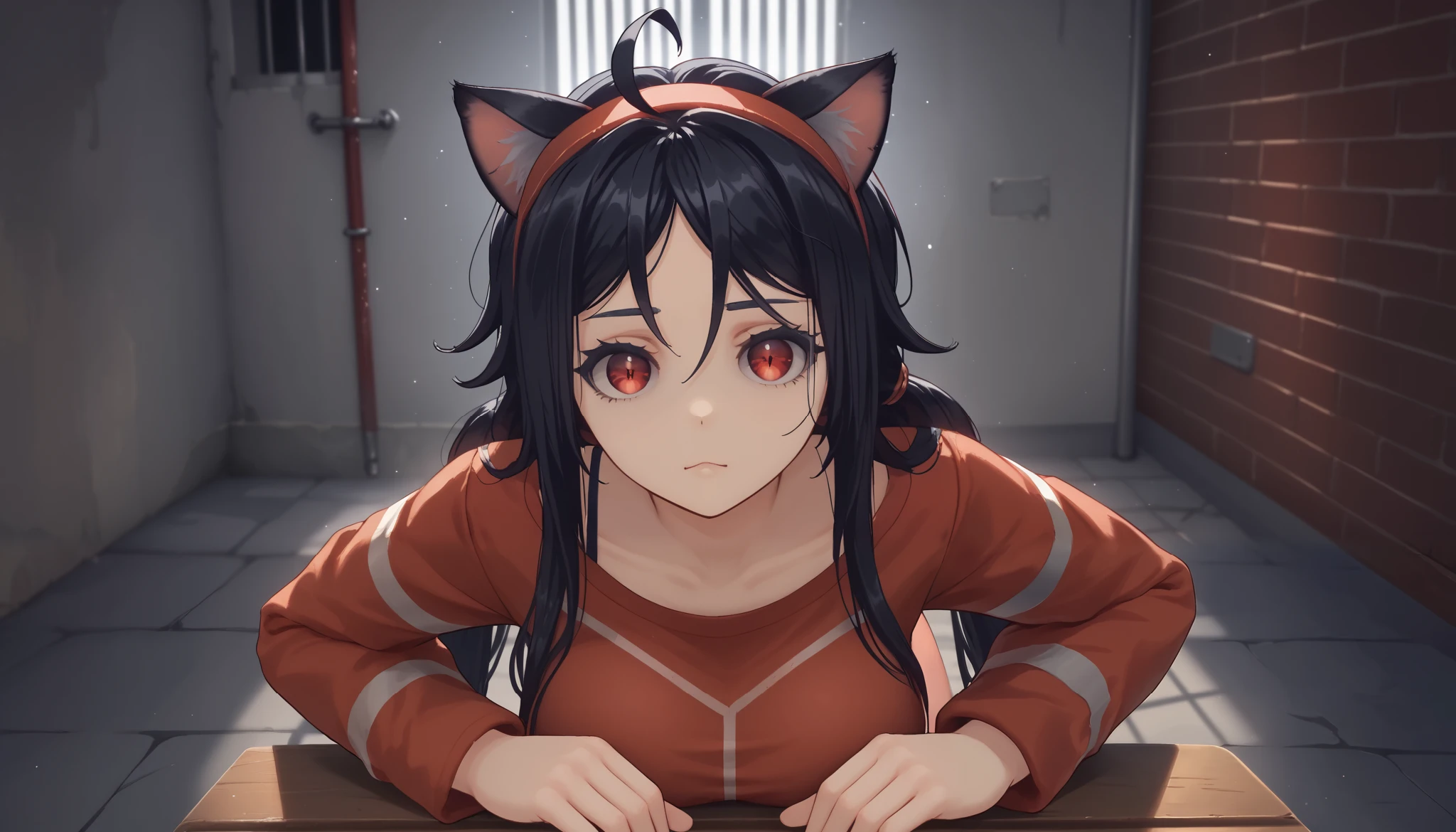 meter , long hair, periphery, , ((cat girl, cat ears)), (red eyes), ( long hair ), (( black hair, (Ahoge),, multicolored , Unscrewed , headband , choke,Break shirt, shirtless , bra attached to a lace coat , ,Break looking at viewer,Break (Masutepiece:1.2), the best quality, High resolution, unity wallpaper 8k , ( illustration :0.8), ( beautiful and detailed eyes:1.6), extra detailed face , Perfect lighting , extremely CG details , ( perfect hands , perfect anatomy ), 、 big, full breasts 、 with a worried face 、 cowboy shot、 thighs thighs thighs thighs 、 background in a prison , darkness, gray brick , handcuffed in a pipe , disheveled hair , messy hair