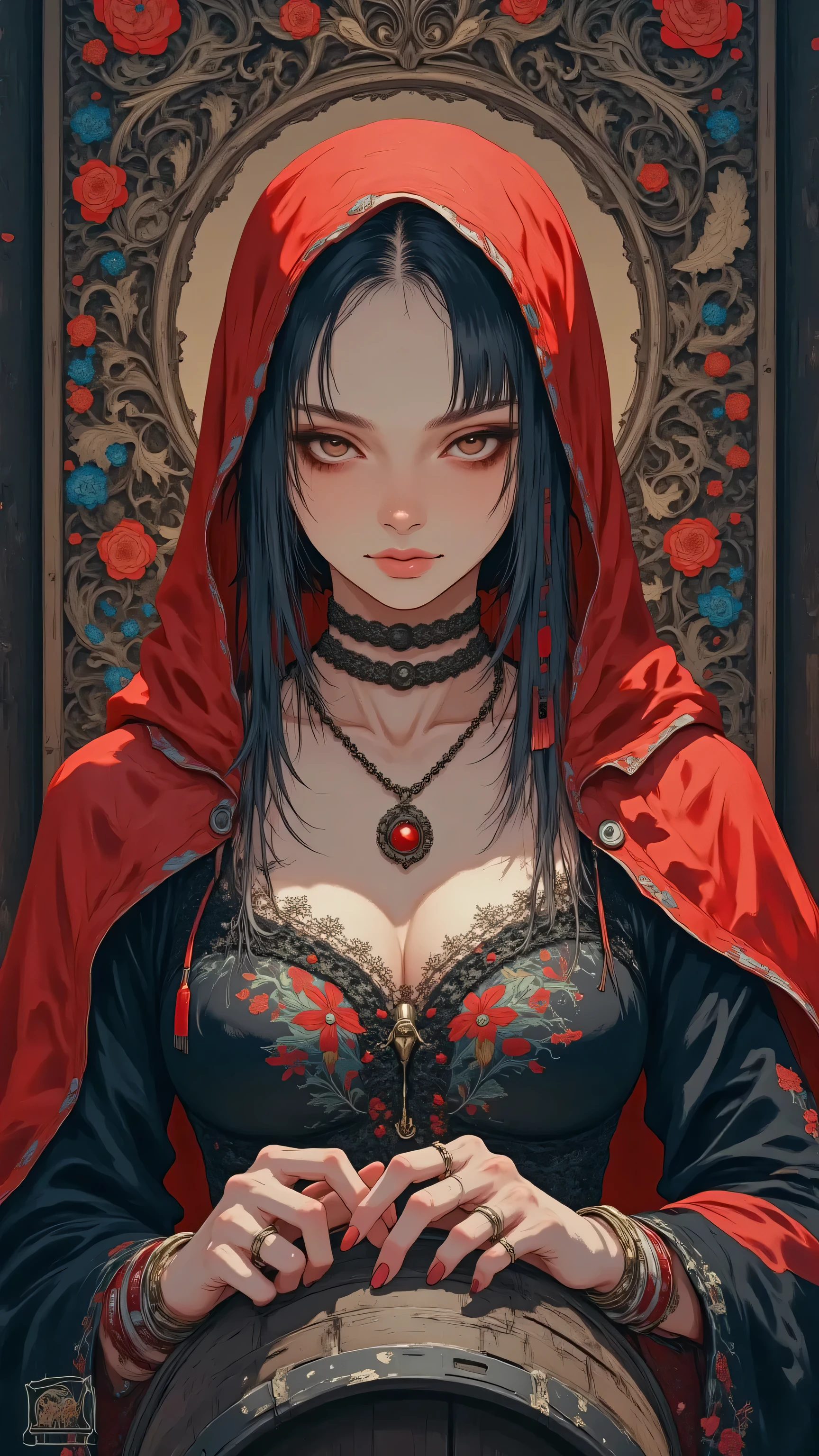 8k, masterpiece, highest quality, Korea's Beautiful Women, High-angle, frontal, close-up. fair-skinned, serene, calm. Red head covering, black embroidered dress, layered necklace, red beads.  Holding barrel, hands gently cradling.  Intricate, floral, relief, dark wood panel, red and blue flowers.