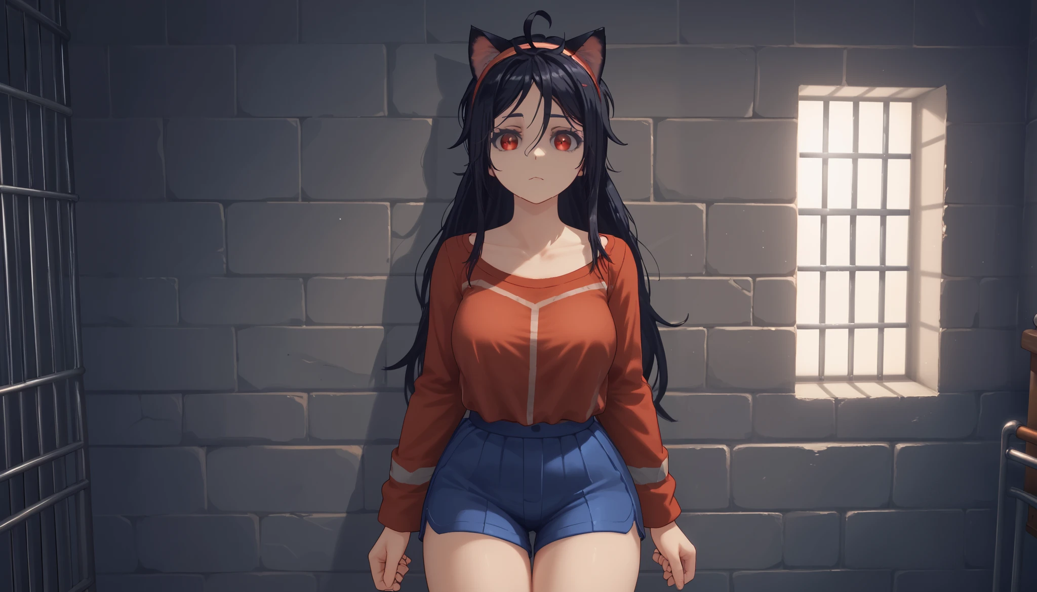 meter ,    long hair, periphery, , ((cat girl, cat ears)), (red eyes), ( long hair ), (( black hair, (Ahoge),,    multicolored ,  Unscrewed  ,   headband  , choke,Break  shirt,  shirtless ,   bra attached to a lace coat , ,Break looking at viewer,Break (Masutepiece:1.2),   the best quality,   High resolution,  unity wallpaper 8k , (  illustration :0.8), (  beautiful and detailed eyes:1.6),   extra detailed face  ,   Perfect lighting  ,   extremely CG details , (   perfect hands   ,   perfect anatomy ), 、 big,  full breasts 、 with a worried face  、 cowboy shot、  thighs thighs thighs thighs  、  background in a prison  ,  darkness, gray brick ,  handcuffed in a pipe ,  disheveled hair , messy hair
