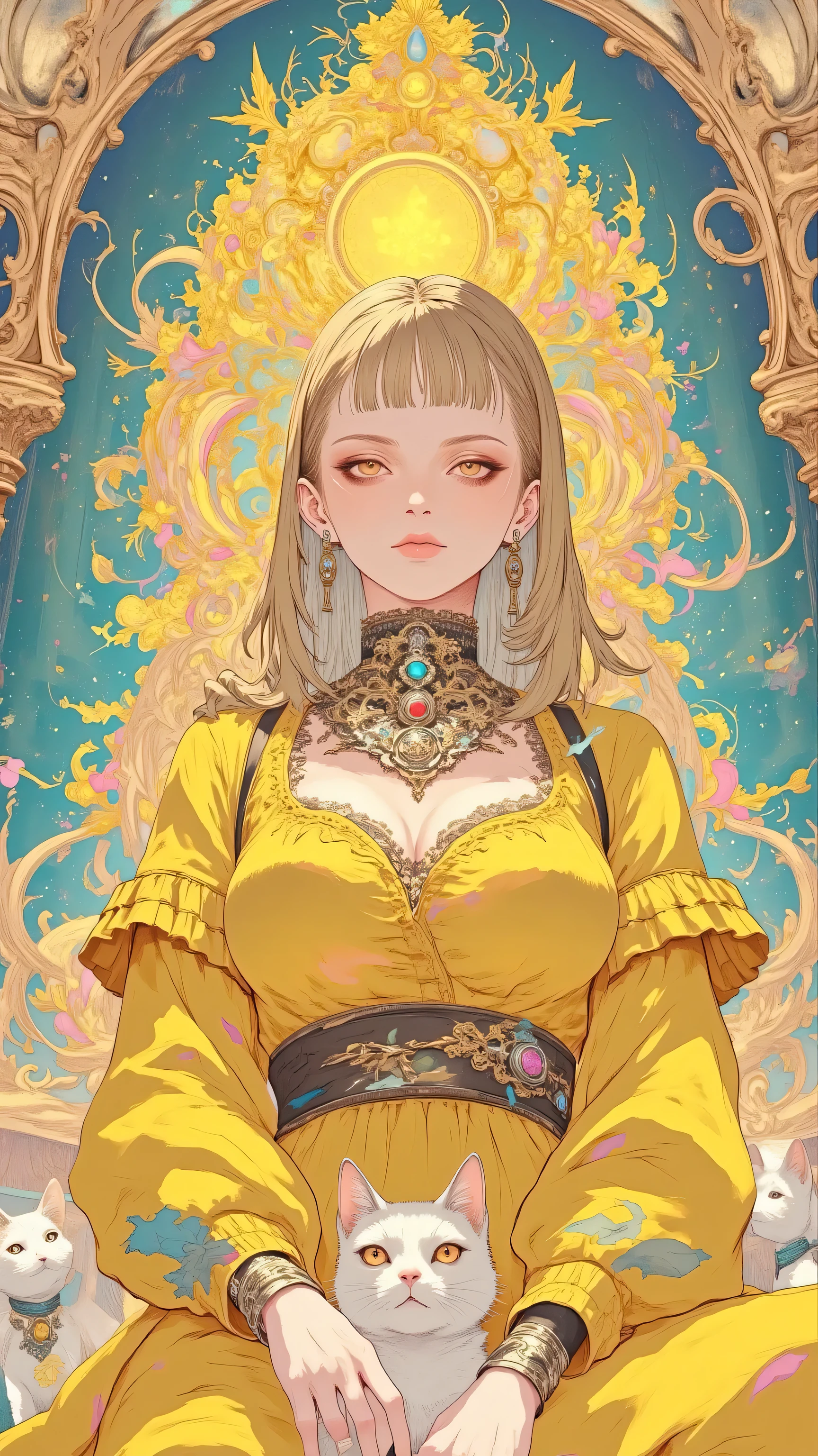 8k, masterpiece, highest quality, Korea's Beautiful Women, Close-up, frontal, vibrant, yellow, hair, curly, high-neck, yellow, gown, jeweled, pendant, silver, bracelet, red, lipstick, defined, eyes, white, cats, peaceful, teal, gold, ornate, tapestry, curtain, regal, opulent, saturated, dramatic, classical, portraiture, modern, bold, colors, texture, fabric, quiet, elegance, regality.