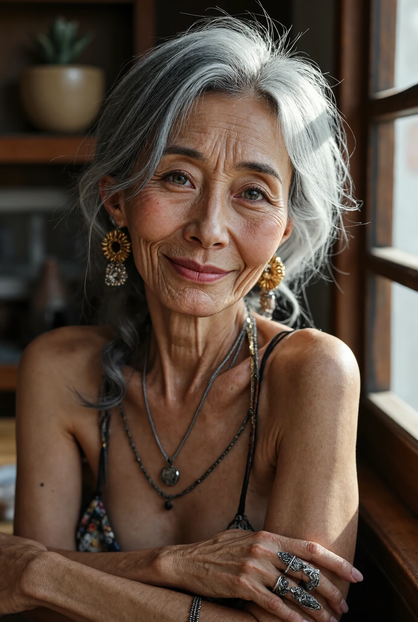 Detail Tweaker LoRA、 photorealistic、 full body image、50-year-old Japanese charismatic old tribal fashion model、 grandma who forcibly makes her younger、Erotic Baba 、Small wrinkles, freckles, and spots on the skin、A dreamy smile、A thin, poor body、super petite body、Irritated skin、 Natural Makeup、Silver damaged and bulky princess cut gray hair、 looking at camera、 I'm sitting and laughing at a country-style coffee shop where bright sunlight shines in、Wedding Rings、A tribal bracelet with lots of silver、Tons of tribal silver accessories、Do your best to create images!You can do it!