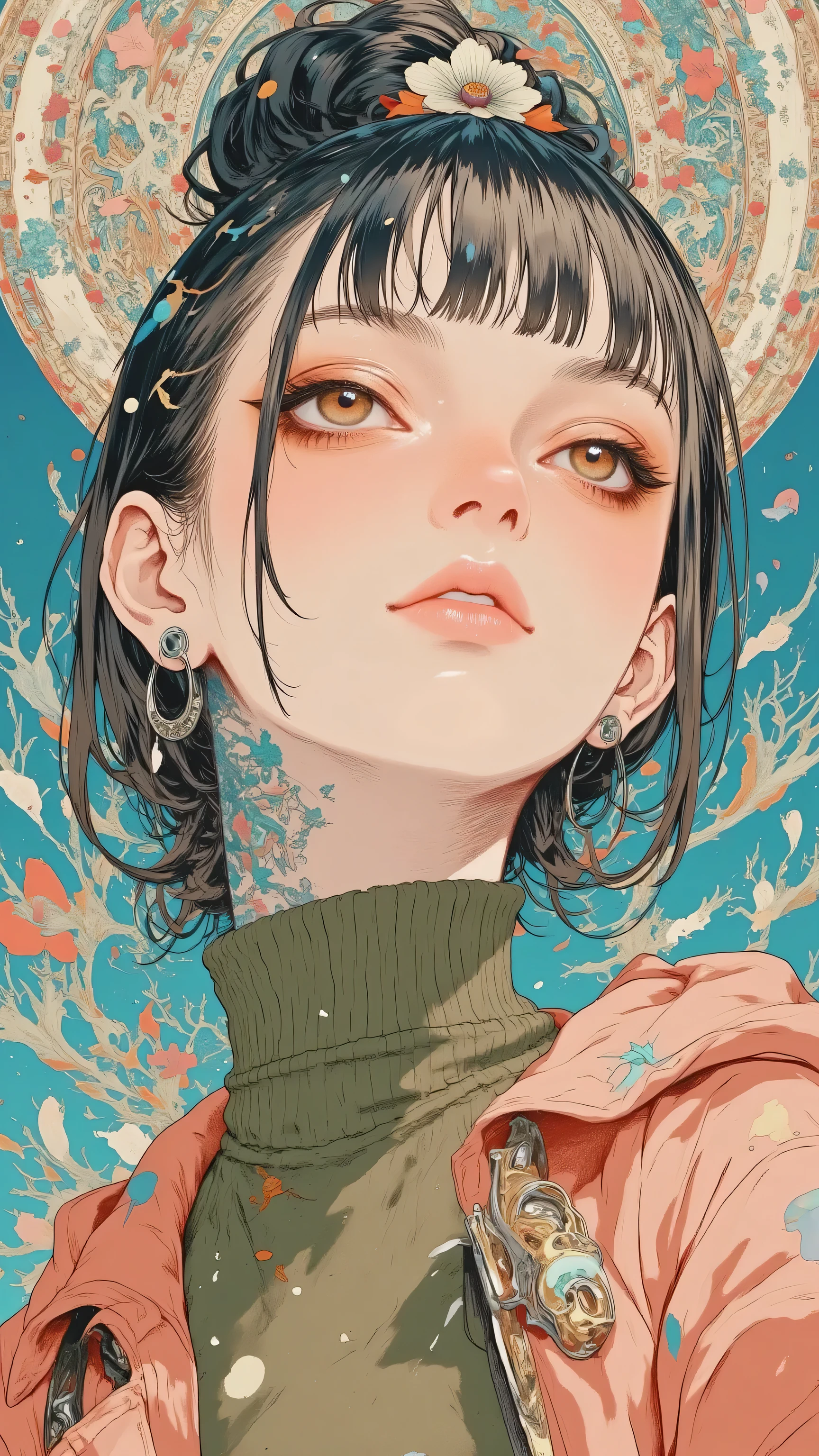 8k, masterpiece, highest quality, Korea's Beautiful Women, close-up. dark hair, updo, flower, prominent eyebrows, rosy cheeks, full lips, dangling earrings. coral jacket, teal spots, olive green turtleneck. geometric, teal, coral, off-white, textured.