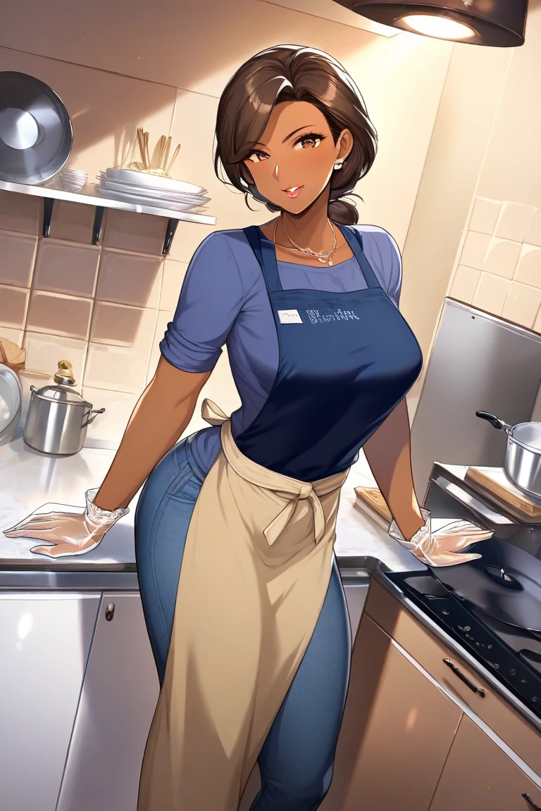 mature Maid ,solo,wet Carmelto，(from below),sweating body，((clean the floor with a broom)), legs apart，naked white apron ,((dark skin)),trending on artstationh, Intricate details, Highly detailed,, intricate face details,Curvy physique, Thick body,((Mature female))，at the kitchen，vibrant, 4K, Intricate details, big breasts enchanting, Professional manufacturing,  12k resolution,(Seductive smile),Black hair