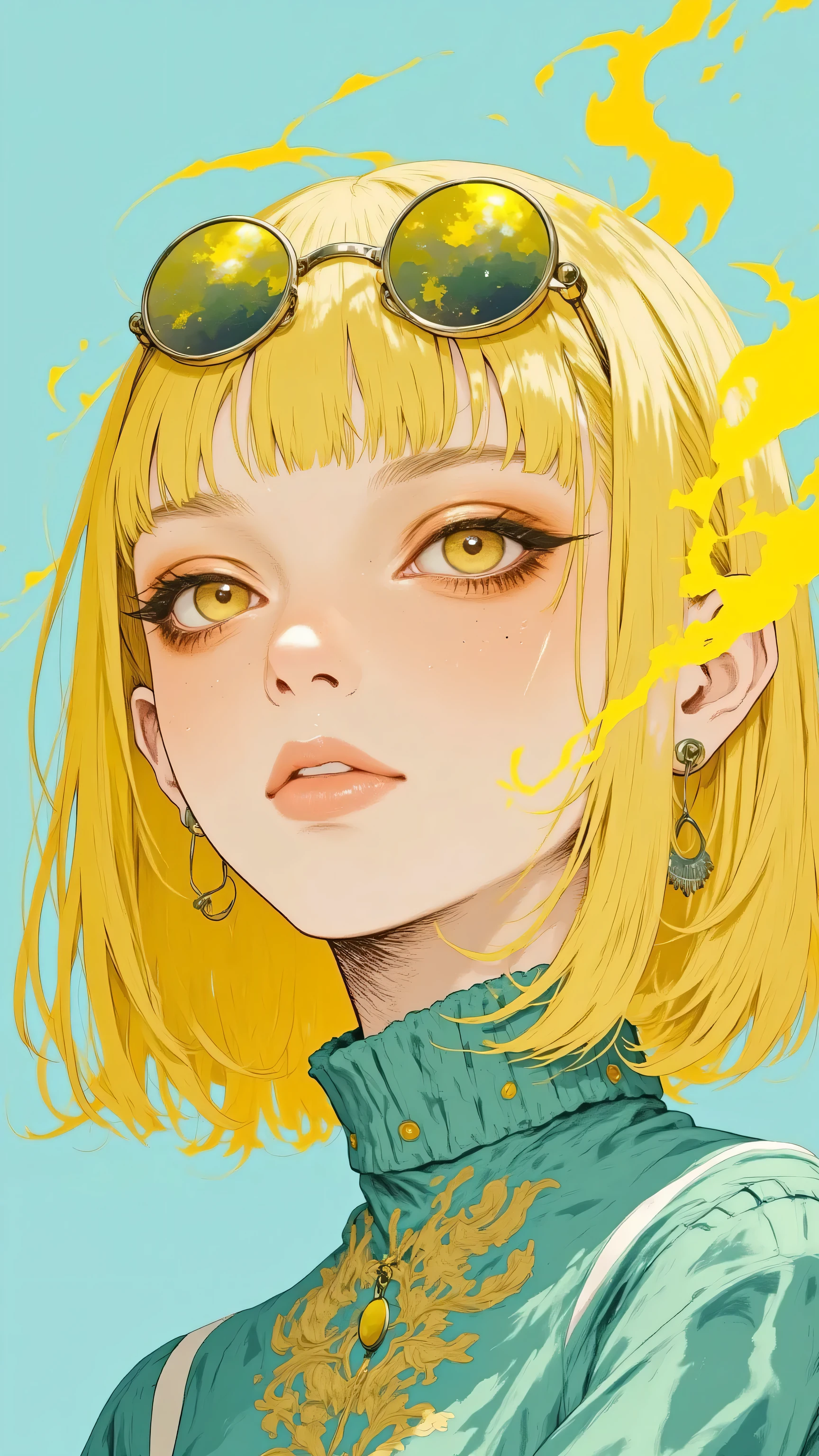 8k, masterpiece, highest quality, Korea's Beautiful Women, Close-up, yellow hair, bob, sunglasses, round, yellow-tinted, teal blouse, gold embroidery, high neck, loose sleeves, yellow smoke, mouth, pastel blue background, vibrant,