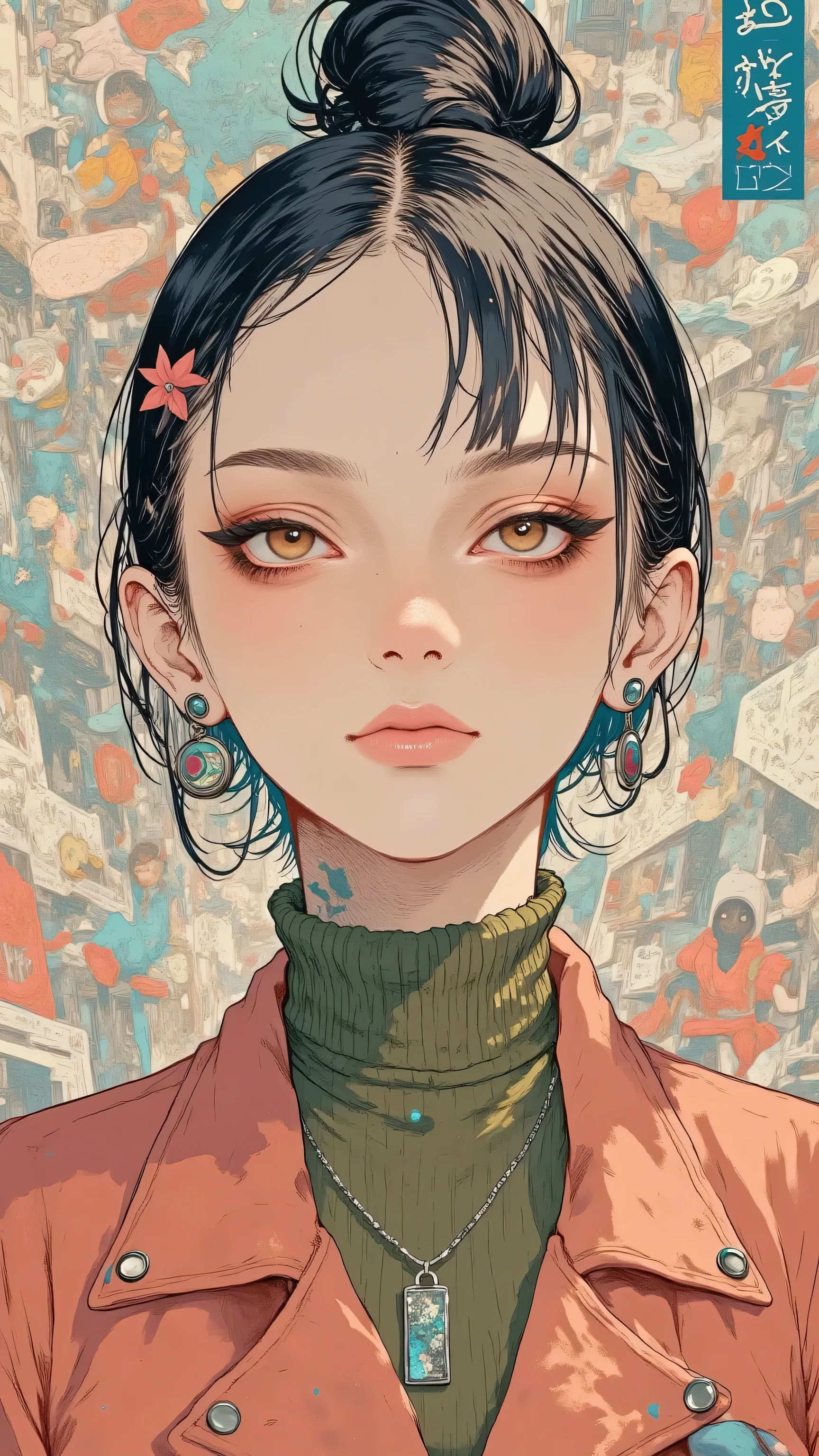 8k, masterpiece, highest quality, Korea's Beautiful Women, close-up. dark hair, updo, flower, prominent eyebrows, rosy cheeks, full lips, dangling earrings. coral jacket, teal spots, olive green turtleneck. geometric, teal, coral, off-white, textured.