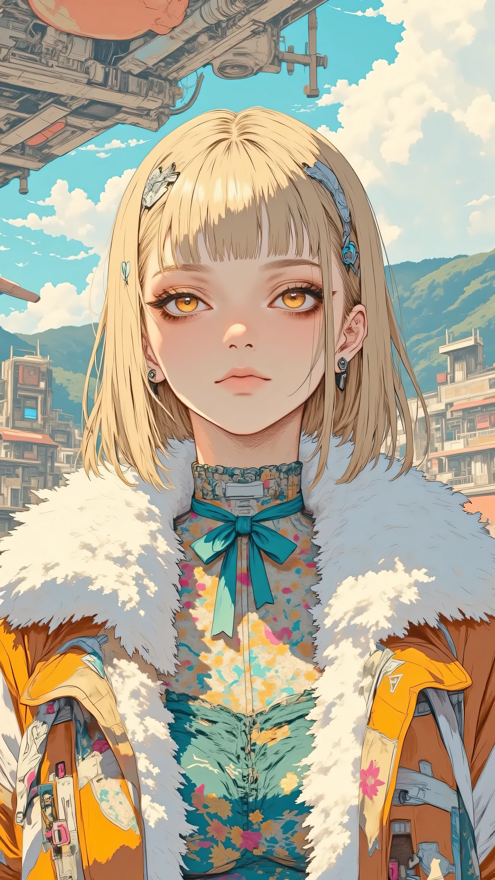 8k, masterpiece, highest quality, Korea's Beautiful Women, Low-angle, blonde, serious, direct gaze, multicolored, geometric, orange, teal, white, fluffy, faux fur, shearling, turquoise ribbon, bow, neckline, outdoor, hills, clear sky, daytime, sunlight,