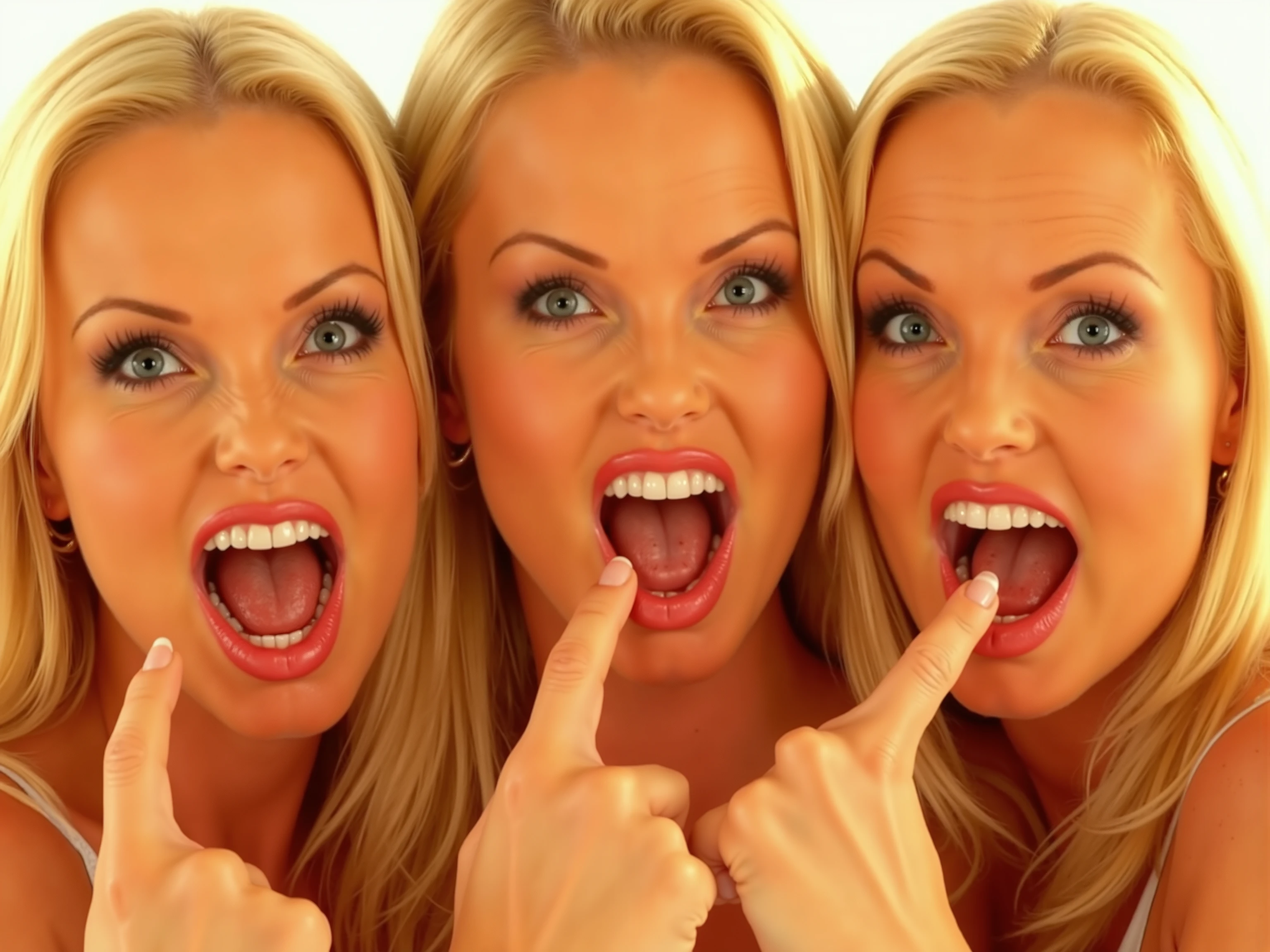 three blond woman, heads next to each other, angry and shocked, mouth open very far, finger pointing to chin, looking to viewer, faces only, sunny