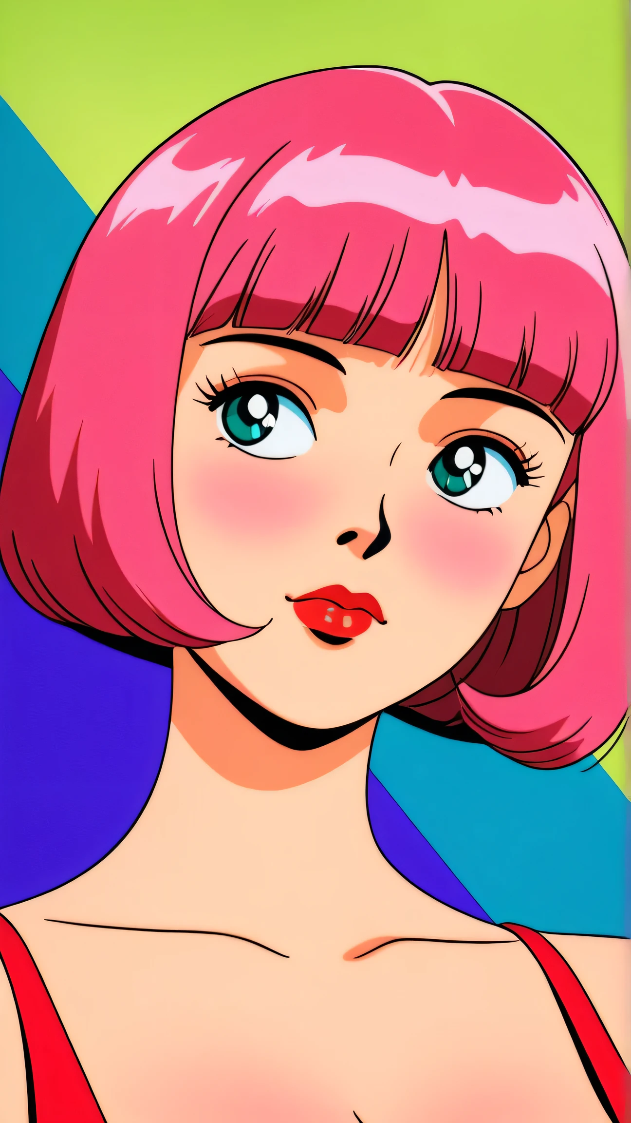 master piece:1.5、asian girl, pink hair, teal eyes, solo, bob cut, short hair, portrait, closed mouth, bangs, blunt bangs, red lips, shiny skin, huge breasts, cleavage, plunging neckline, style retro classic, illustrated anime, long slender legs, masterpiece 1.5, best quality, , (eyes looking off to side), Highly detailed, Amazing work,Vitreous luster, blues, purples, pinks, Best quality at best,shiny skin, no background, colorful background, green background, pink background, purple background, blue background, Style retro classic, illustrated anime, heavy blushing, body blush,