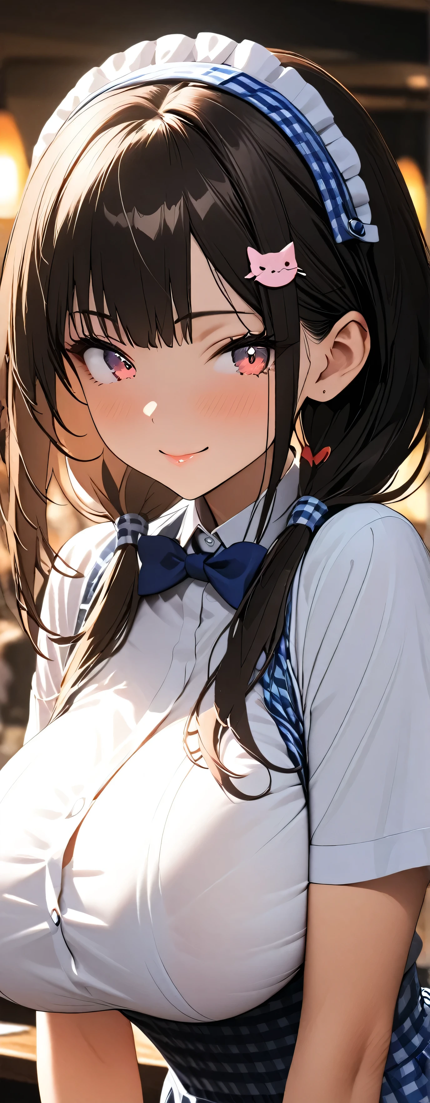 ((masutepiece, Best Quality, hight resolution, nffsw, Perfect Pixel, 4K, nffsw, nffsw))), 1girl in, Single, Solo, Beautie、full body seen、 ((Short Wave Hair, Bangs, Brown hair)), ((Brown-eyed, Beautiful eyelashes, Realistic eyes)), ((Detailed face, Blushing:1.2)), ((Smooth texture:0.75, Realistic texture:0.65, Photorealistic:1.1, Anime CG style)), medium breasts, Dynamic Angle, Perfect body, ((red bowtie, , , White shirt, Black skirt, plaid skirts)), City staircase、Looking up from the bottom of the stairs、Very embarrassing panic smile、Open your mouth and make a surprised face、 turned around、bending forward、(The wind flipped my skirt and exposed my butt..............................、stick out your butt、Touching the buttocks with both hands、Pink lace panties)、