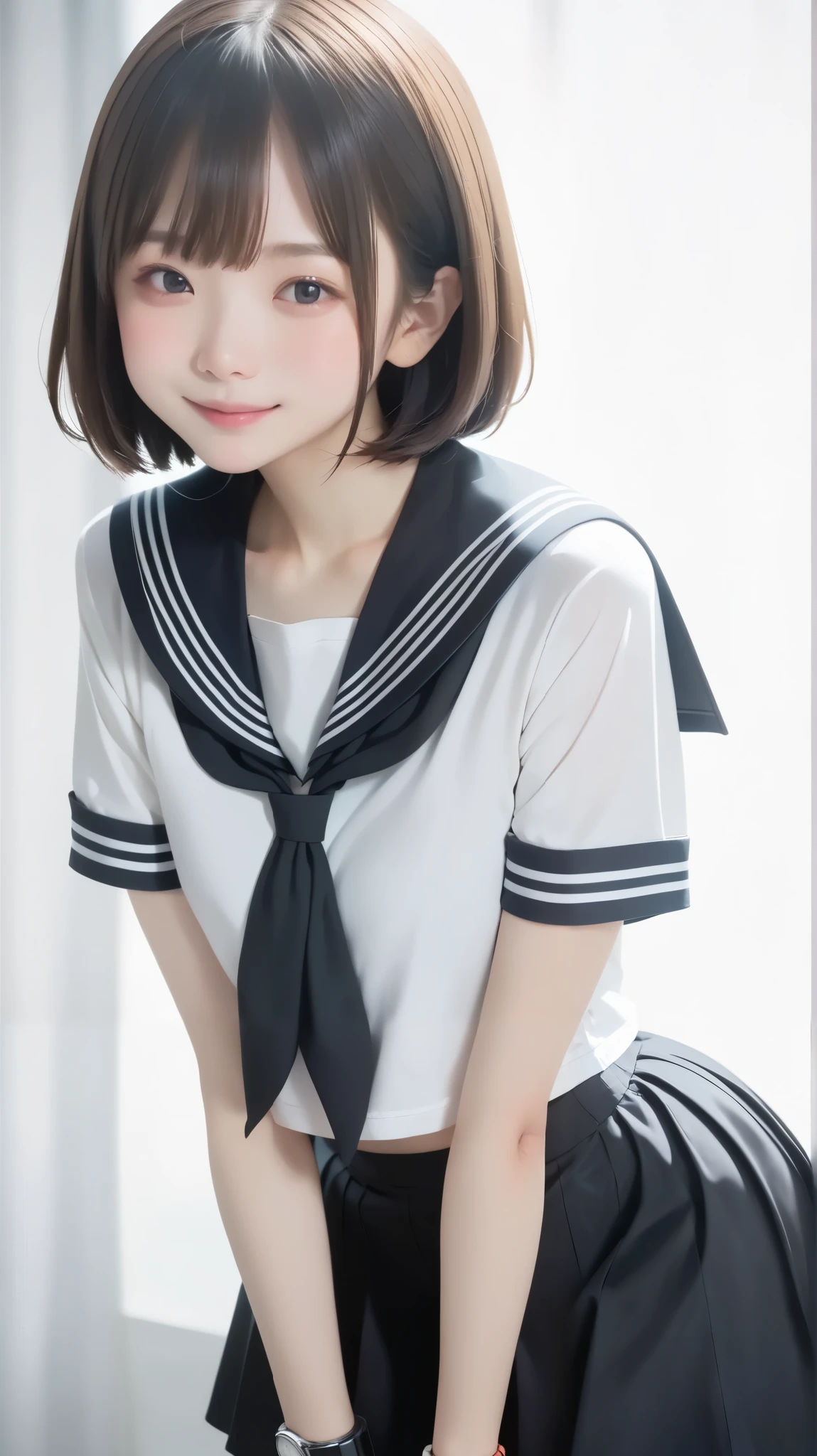 Black Hair Bob Korea person beautiful girl small breasts white and beautiful skin uniform hi-school girl Beautiful breasts gravure