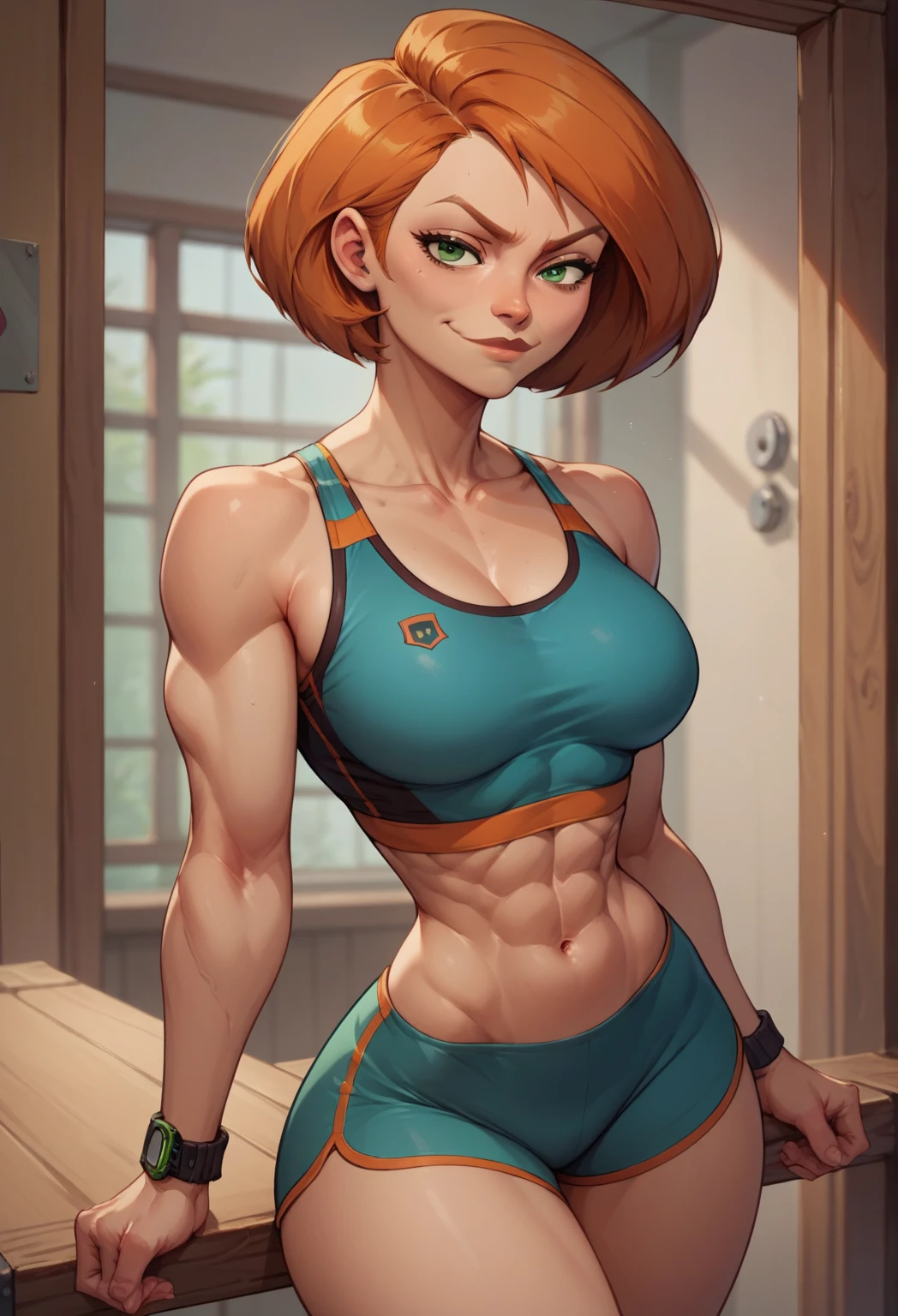attractive welsh woman, ripped muscle, muscular body, pale skin, sad(blush), closed mouth, nude, gold watch, thin necklace, sixpack abs, [ultra detailed skin:1.2], green eyes, ginger hair, short hair, 8k uhd, full body, stand, crowd, public, night, office,