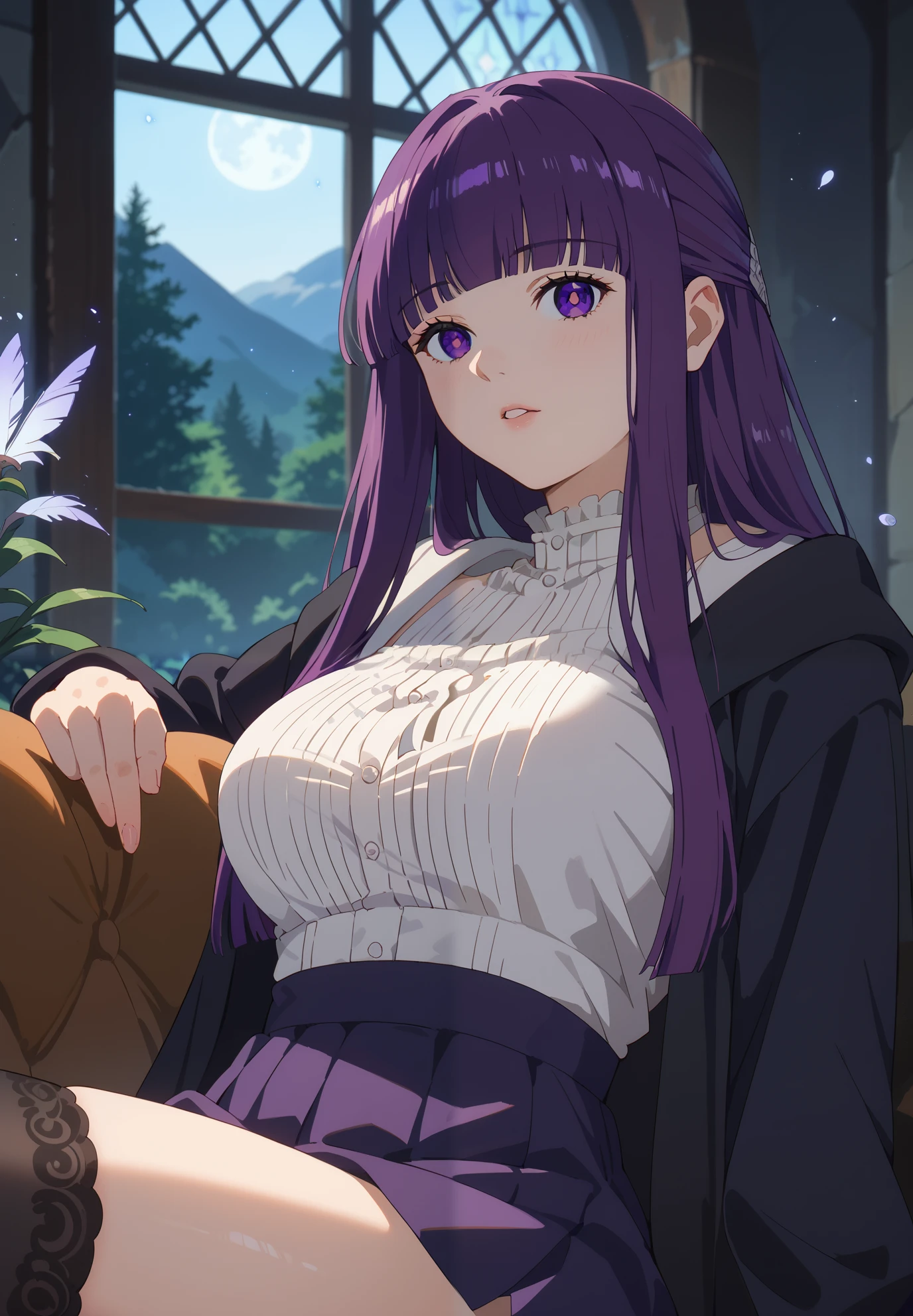 1girl, Fern, long hair, bangs, purple eyes, purple hair, sidelocks, blunt bangs, bright pupils, half updo, large breasts, parted lips, thigh highs, white crop top, sitting on a couch, sexy pose, lustful, BREAK, night time, mountain cottage, cinematic lighting,