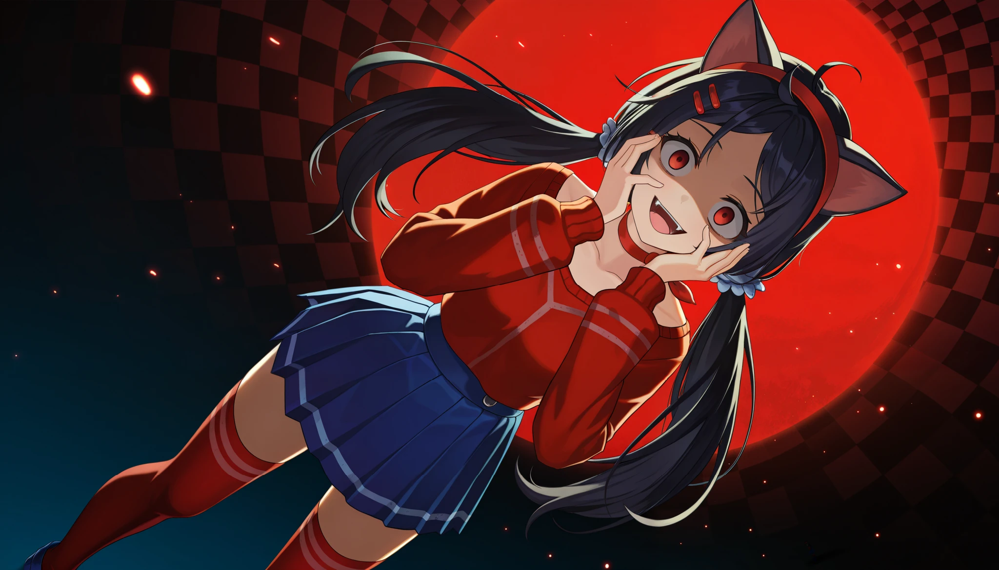 Anime girl in a red shirt and blue skirt with a cat ears - SeaArt AI