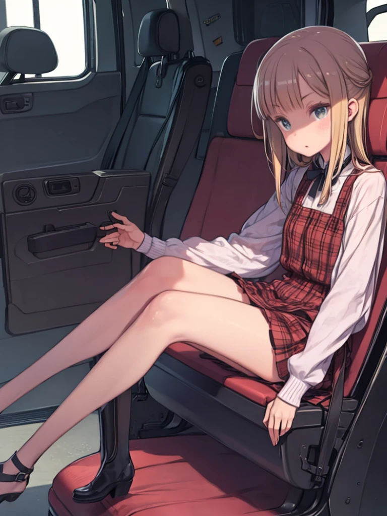 1girl, solo, bag on head, black skirt, white shirt, tied, tied hands, tied feets, Lying on the trunk of a car