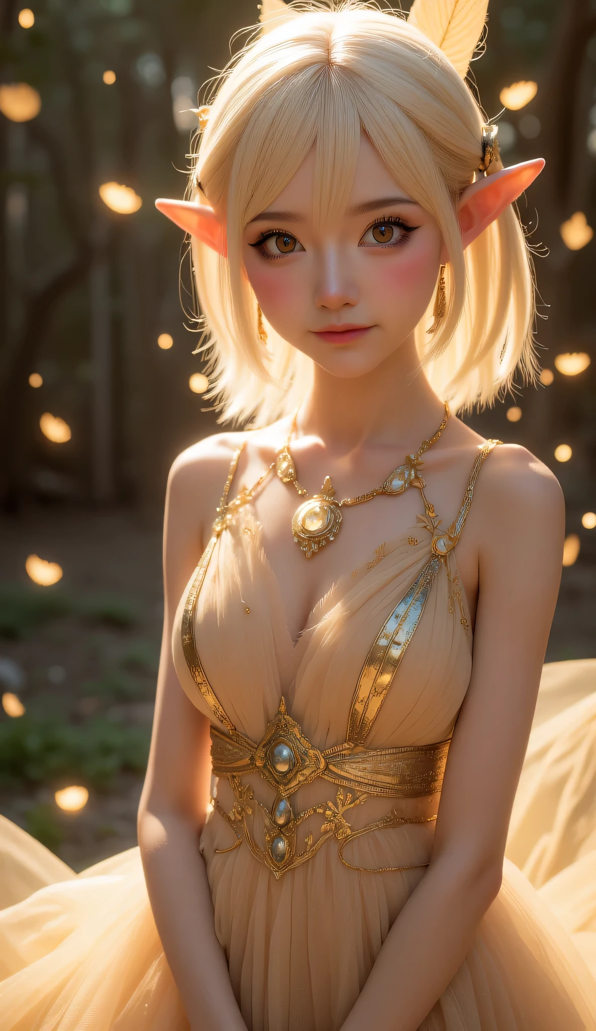 **" An elegant adult elf girl stands with a light , a shy smile, Her big ones, cute eyes are filled with softness and warmth . Freckles play on her tender face , giving the image a natural charm . Her long, . Refined ears emphasize her noble origin , and the light blush on her cheeks enhances the impression of shyness . She is dressed in an exquisite gilded , that gently fits her figure , , emphasizing the grace and sophistication . Refined golden feathers are woven into the fabric of the dress , iridescent with every movement . A light breeze plays with the pleats of the outfit , creating a feeling of vivid glow . There is a bow behind her , made of pure glass , radiating a mystical glow . . It seems almost ephemeral , as if woven from magic itself , flickering soft in the twilight . The background is soft , Diffused lighting, dress that creates an atmosphere of magic and mystery . There is a sense of mystery in the air , and golden and light shades emphasize its magical and divine beauty."**