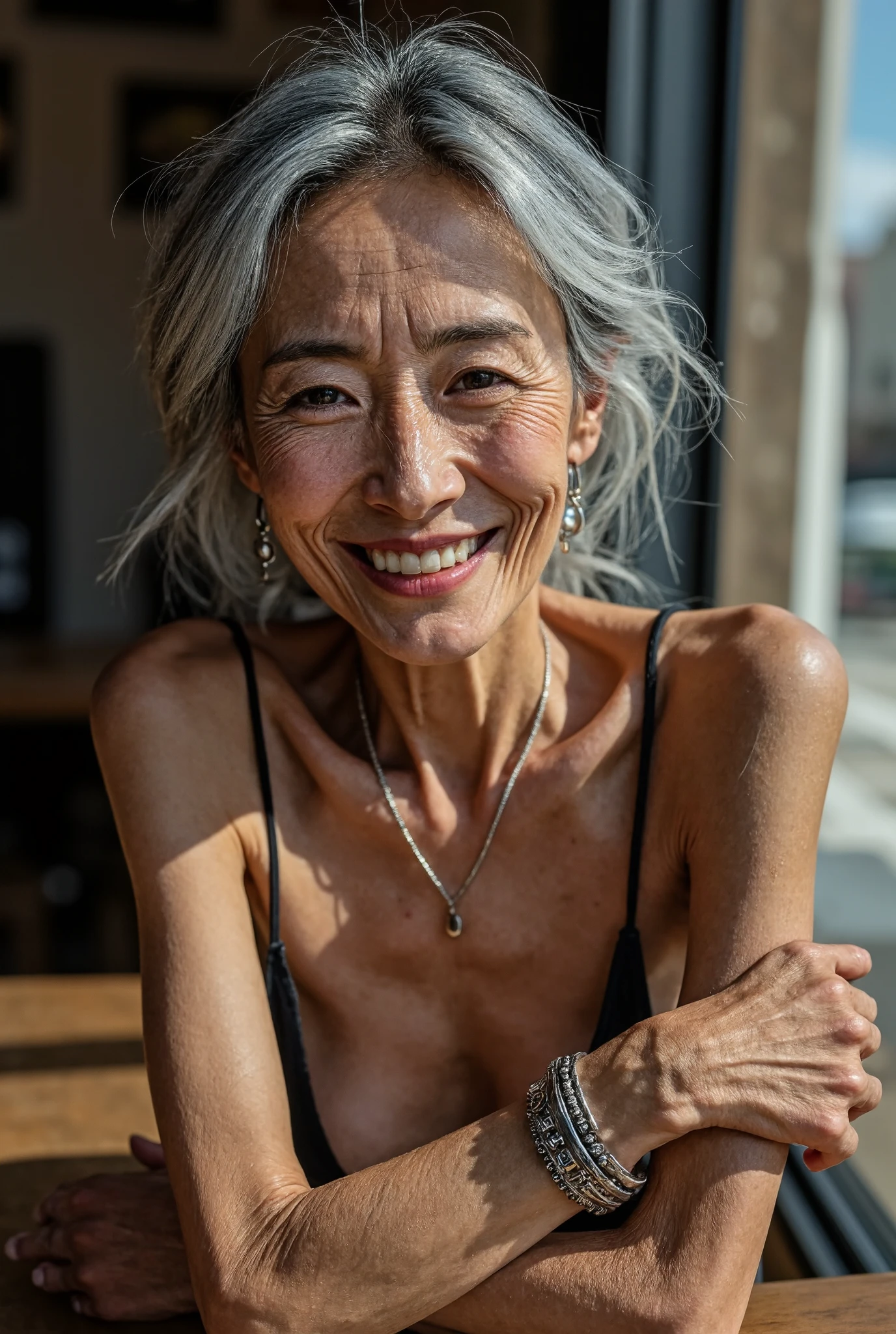 Detail Tweaker LoRA、 photorealistic、 full body image、50-year-old Japanese charismatic old tribal fashion model、 grandma who forcibly makes her younger、Erotic Baba 、Small wrinkles, freckles, and spots on the skin、A dreamy smile、A thin, poor body、super petite body、Irritated skin、 Natural Makeup、Silver damaged and bulky princess cut gray hair、 looking at camera、 I'm sitting and laughing at a country-style coffee shop where bright sunlight shines in、Wedding Rings、A tribal bracelet with lots of silver、Tons of tribal silver accessories、Do your best to create images!You can do it!
