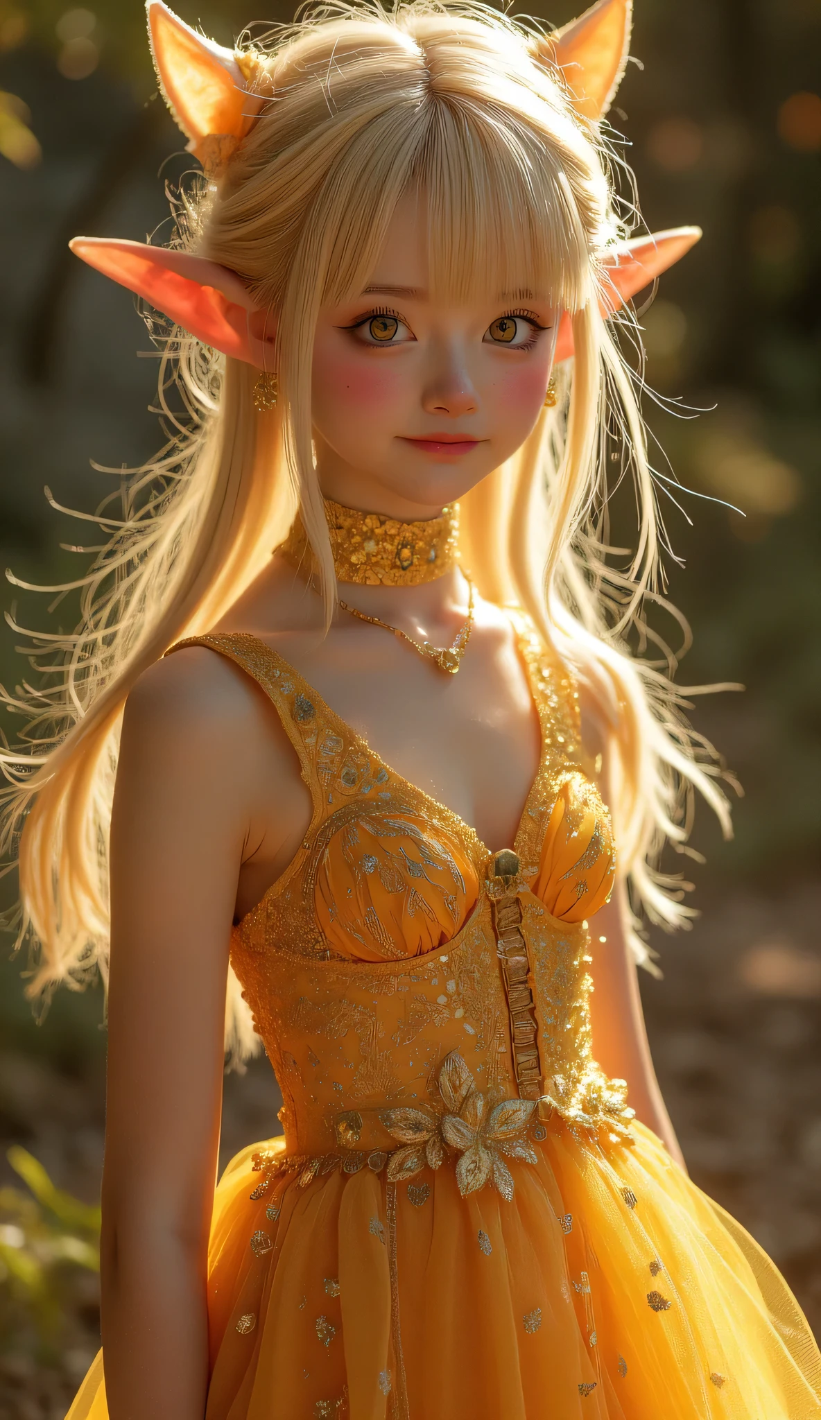 **" An elegant adult elf girl stands with a light , a shy smile, Her big ones, cute eyes are filled with softness and warmth . Freckles play on her tender face , giving the image a natural charm . Her long, . Refined ears emphasize her noble origin , and the light blush on her cheeks enhances the impression of shyness . She is dressed in an exquisite gilded , that gently fits her figure , , emphasizing the grace and sophistication . Refined golden feathers are woven into the fabric of the dress , iridescent with every movement . A light breeze plays with the pleats of the outfit , creating a feeling of vivid glow . There is a bow behind her , made of pure glass , radiating a mystical glow . . It seems almost ephemeral , as if woven from magic itself , flickering soft in the twilight . The background is soft , Diffused lighting, dress that creates an atmosphere of magic and mystery . There is a sense of mystery in the air , and golden and light shades emphasize its magical and divine beauty."**