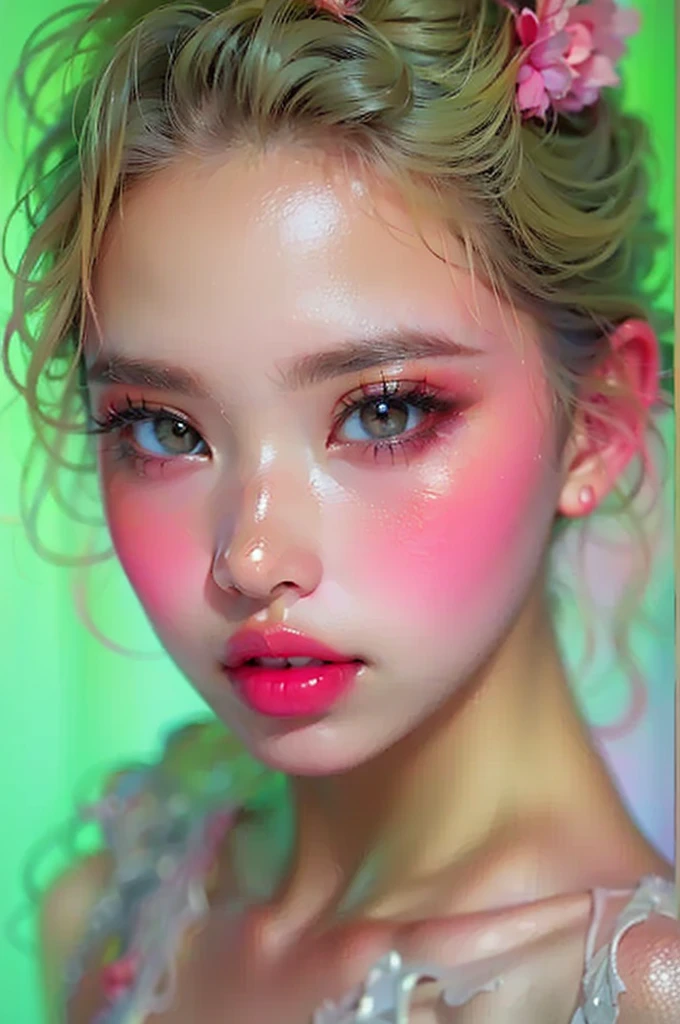 Ultra realistic, open shot, best quality, dream aesthetic (a little blurry in cinematic vibrant light), ultra-detailed, fine details, high resolution (image taken by analog camera), Perfect dynamic composition, illuminated pale skin, perfect shading, beautiful (realistic) detailed clear eyes, naked, pantyhose, pale-pink hair, long messy (silky) hair (pale pink), hair fringe, natural big breasts (nude), Natural Color Lip, face with pleasure and fatigue expression, Random and sensual poses, bedroom (background unfocused)、20 year old、dream atmosphere
