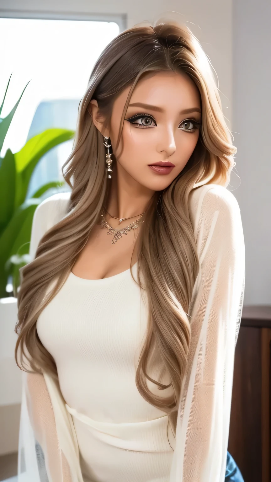 (   cowboy shooting、     top quality、8k、       award-winning works       、        ultra high resolution)、       beautiful woman、(     Black sweater     , Sexy cleavage:1.1)、Perfect big breasts、( blonde alone      :1.1)、     beautiful skin that shines with bright,  Shiny Lipstick  、 a lot of people stand out with clear images    、     bright color contacts       、Perfect gal makeup、    Perfect for an adorable companion 、The sleeve is torn    、(  Dark makeup for women      :1.2)、(             dark brown beige around the eyes             :1.1)、             Beautiful Bright Eye Shadow             、       dark sexy makeup around the eyes       、(Big Breasts:1.2)、       super long wavy hair       、(Romantic affection:1.1)、 amazing adult sex appeal The best smile he has when he sees me      、(       there are many people that accentuate body lines     ..:1.1)、(  strongly blurry 、       a   。:1.1)、(  The image is clear 、      jacket    :1.1)、       accurate anatomy、       ultra HD hair、(         ultra high resolution perfect beautiful teeth:1.1)、Ultra HD beautiful face   、       ultra HD hair、  crystal clear bang 、Ultra HD Shining Eyes、Shining ultra high resolution beautiful skin、        ultra high resolutionの艶やかな唇、       Harry Winston necklace       