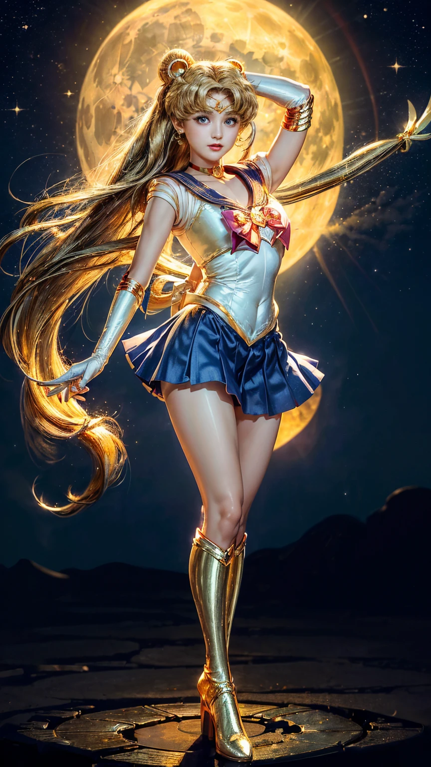 masterpiece, Highest quality, 超A high resolution, (Realistic), RAW Photos, Octane Rendering, Mature Woman, Plump face:1.1, sexy, Highest quality, Very detailed, Very accurate, One Woman, ((Sailor Venus, Crucified in the shape of a cross)), (Floating in the air), (Transparent magic circleが手首を覆っている), (Transparent magic circleが足首を覆っている)), ((Transparent magic circle)), ((Transparent magic circleが浮かぶ, Geometric decoration, Transparent magic circle)), ((Transparent magic circleの中央で十字形に拘束されている)), (詳細なSailor Venusのコスチューム), ((Orange sailor collar, Orange mini pleated skirt, Exposed thighs, Long gloves, Stiletto heels, choker)), (((Shiny Costume))), Blonde:1.2, Very long hair:1.3, Large Breasts:1.1, Big eyes:1.2, Blue Eyes:1.2, eye make up:1.1, Large Breasts:1.2, Detailed eyes:1.4, Looking at the viewer:1.2, whole body, Black space, Spotlight,