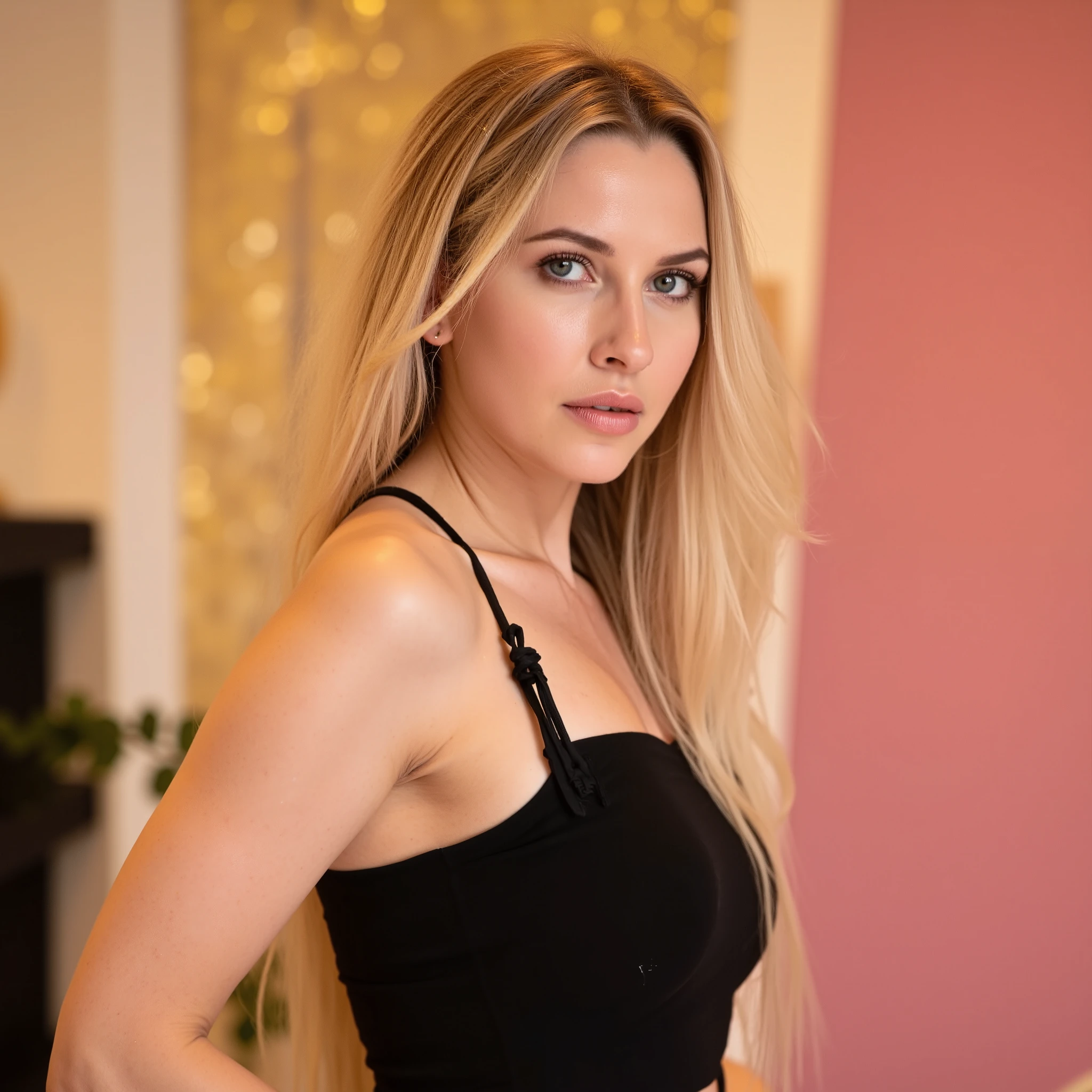 full body shot, wide angle, sexy woman with long blond hair wearing
with a thoughtful and confident expression, standing on the right side of the frame. wearing a black slutry yet stylish, outfit. Her gaze is direct and slightly intense, conveying a sense of awareness and strength. The background is soft and blurred, with warm, inviting tones like gold or pink. The overall vibe is fresh, modern, and visually striking, ((full body shot: 1.4))