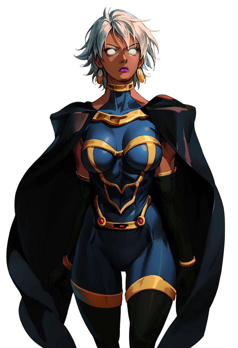 PonyXLV6_Scores BREAK (perfect anatomy, perfect eyes, absurd resolution, cowboy shot), BREAK ororo munroe, dark-skinned female, short hair, white hair, white eyes, lipstick, makeup, large breasts, athletic, curvy, toned, jewelry, earrings, bodysuit, cape, gloves, elbow gloves, thighhighs, standing, MVC2style, simple background, white background,