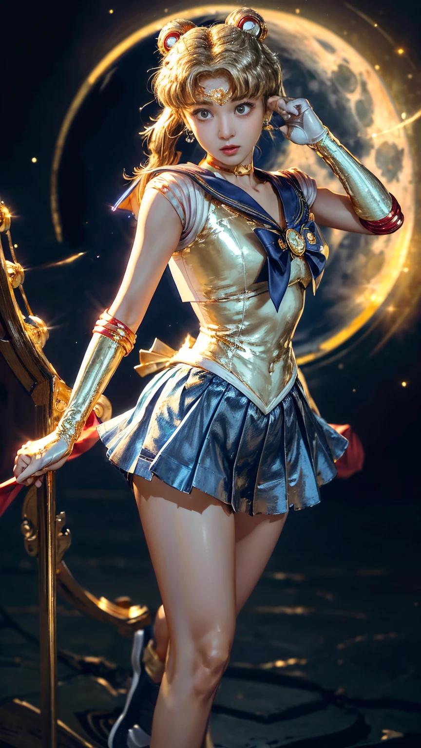 (Extreme detail CG Unity 8K wallpaper, masterpiece, highest quality), (exquisite lighting and shadow, highly dramatic picture, cinematic lens effect), (Sailor Moon: 1.1), charming smile, double tail, blue eyes, black hair, tight top, RED gloves, mini skirt, dynamic pose), the background is the universe (excellent detail, excellent lighting, wide angle), (excellent rendering, enough to stand out in its class),all,whole body,whole