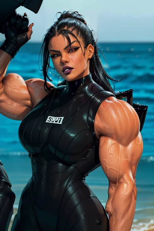 huge muscle woman on holiday