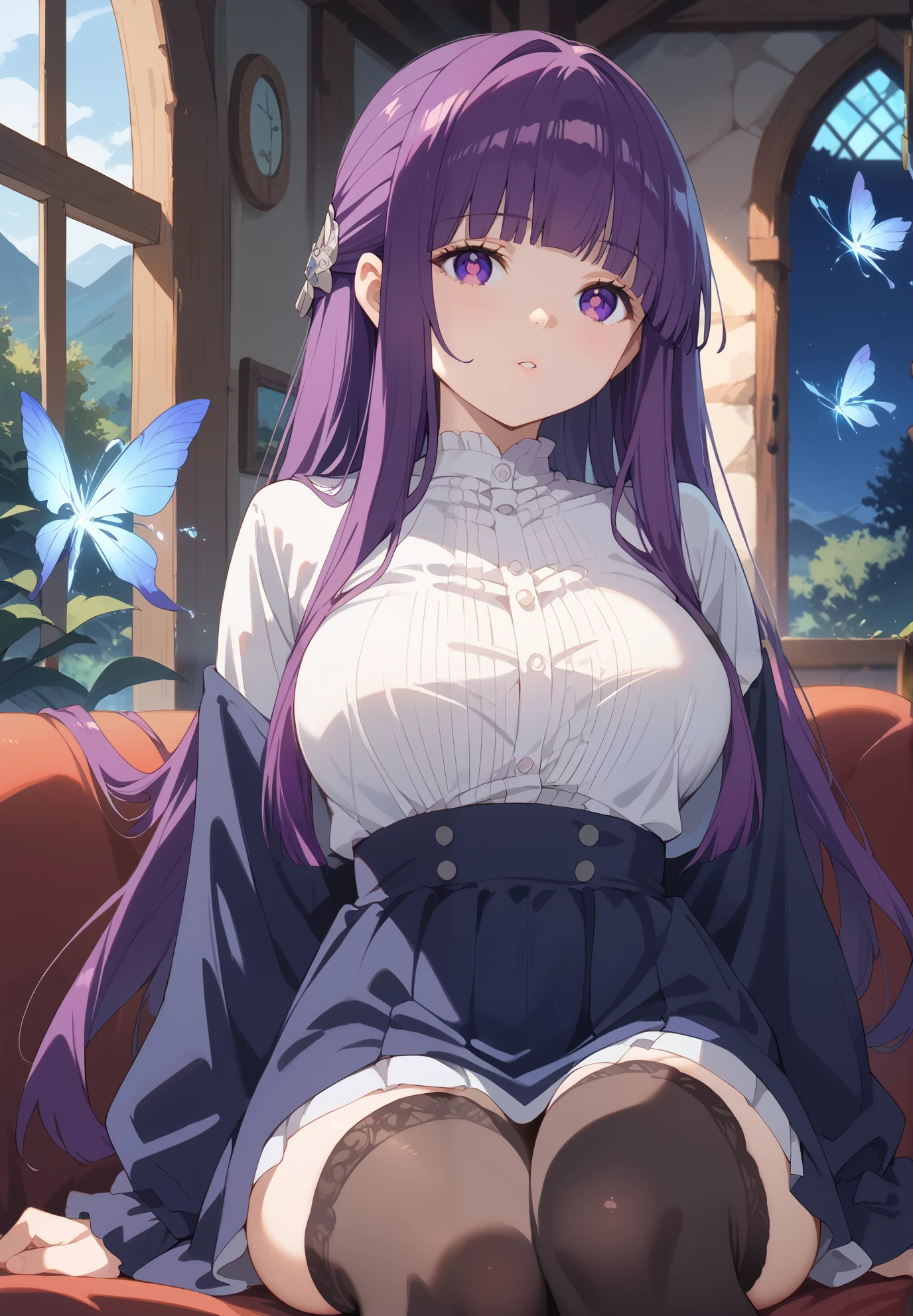 1girl, Fern, long hair, bangs, purple eyes, purple hair, sidelocks, blunt bangs, bright pupils, half updo, large breasts, parted lips, thigh highs, white crop top, sitting on a couch, sexy pose, lustful, BREAK, night time, mountain cottage, cinematic lighting,