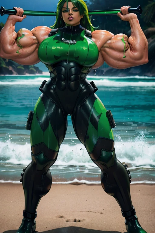 Very muscular furry humanoid cool looking black lizardman, heavy weight, bodybuilder builds, wear a white speedo, very big bulge, at the beach, glistening skin, very sweaty, 4k, realistic, vibrant color, one eye wink, cheerful smile