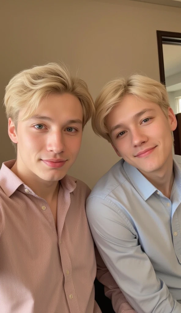 A boy with shrimpy hair, light brown skin color, green eyes that you fall in love with, bumps into a boy with yellow hair, light skin, eyes blue like the sea.