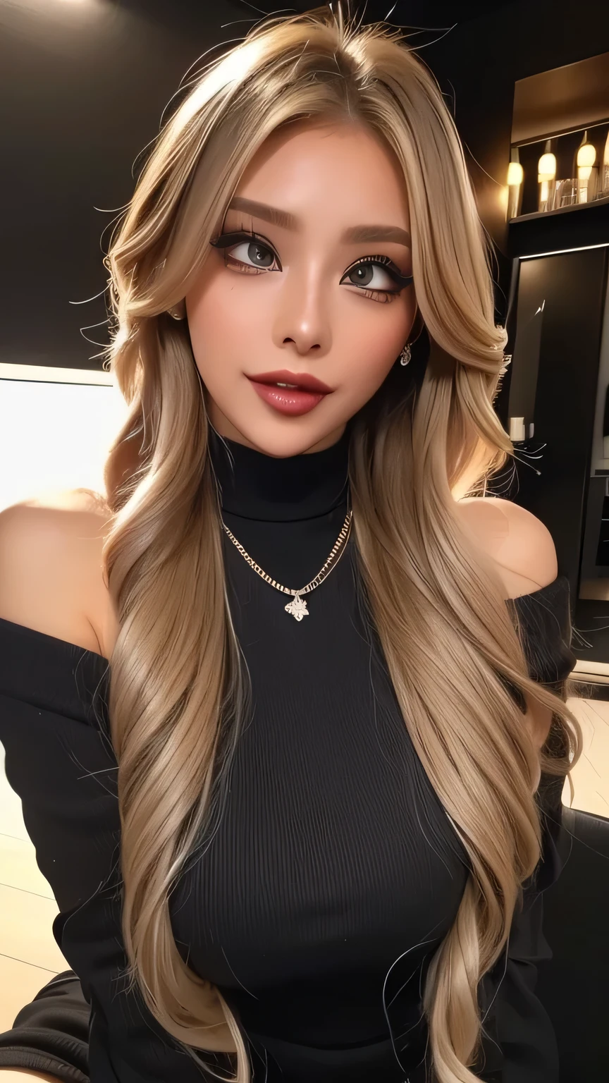 (   cowboy shooting、     top quality、8k、       award-winning works       、        ultra high resolution)、       beautiful woman、(     Black sweater     , Sexy cleavage:1.1)、Perfect ahegao、　Perfect big breasts、( blonde alone      :1.1)、     beautiful skin that shines with bright,  Shiny Lipstick  、 a lot of people stand out with clear images    、     bright color contacts       、Perfect gal makeup、    Perfect for an adorable companion 、The sleeve is torn    、(  Dark makeup for women      :1.2)、(             dark brown beige around the eyes             :1.1)、             Beautiful Bright Eye Shadow             、       dark sexy makeup around the eyes       、(Big Breasts:1.2)、       super long wavy hair       、(Romantic affection:1.1)、 amazing adult sex appeal The best smile he has when he sees me      、(       there are many people that accentuate body lines     ..:1.1)、(  strongly blurry 、       a   。:1.1)、(  The image is clear 、      jacket    :1.1)、       accurate anatomy、       ultra HD hair、(         ultra high resolution perfect beautiful teeth:1.1)、Ultra HD beautiful face   、       ultra HD hair、  crystal clear bang 、Ultra HD Shining Eyes、Shining ultra high resolution beautiful skin、        ultra high resolutionの艶やかな唇、       Harry Winston necklace       