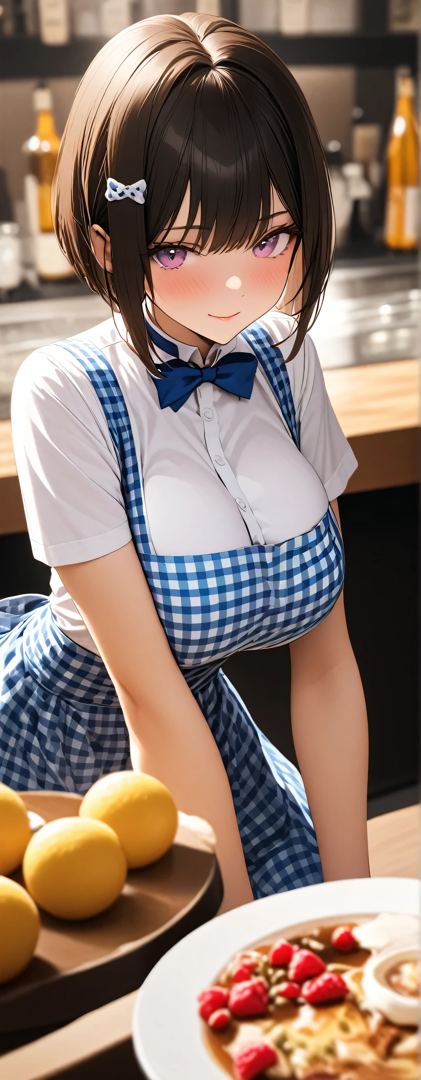 (Beauty: 1.3),one person,masterpiece, Highest quality, Ultra-high resolution,rich contrast,super high quality,8k,Highly detailed CG unit wallpaper,texture,Unbelievably absurd,Ultra-high resolution,RAW Photos,Depth of Field 1.2,crew, blue bow, blue bowtie, white shirt, short sleeves, blue skirt, Blue apron, gingham apron, employee uniform, high-waist skirt, waitress,(Brown Hair,Sharp bob,Berry Short),Very fine eye,BigEyes, superior, (Perfect hands, Perfect Anatomy),Glowing Skin,Cute cat hairpin,restaurant,Beautiful glossy lips,(Large Breasts:1.8),kobeya uniform, on all fours
